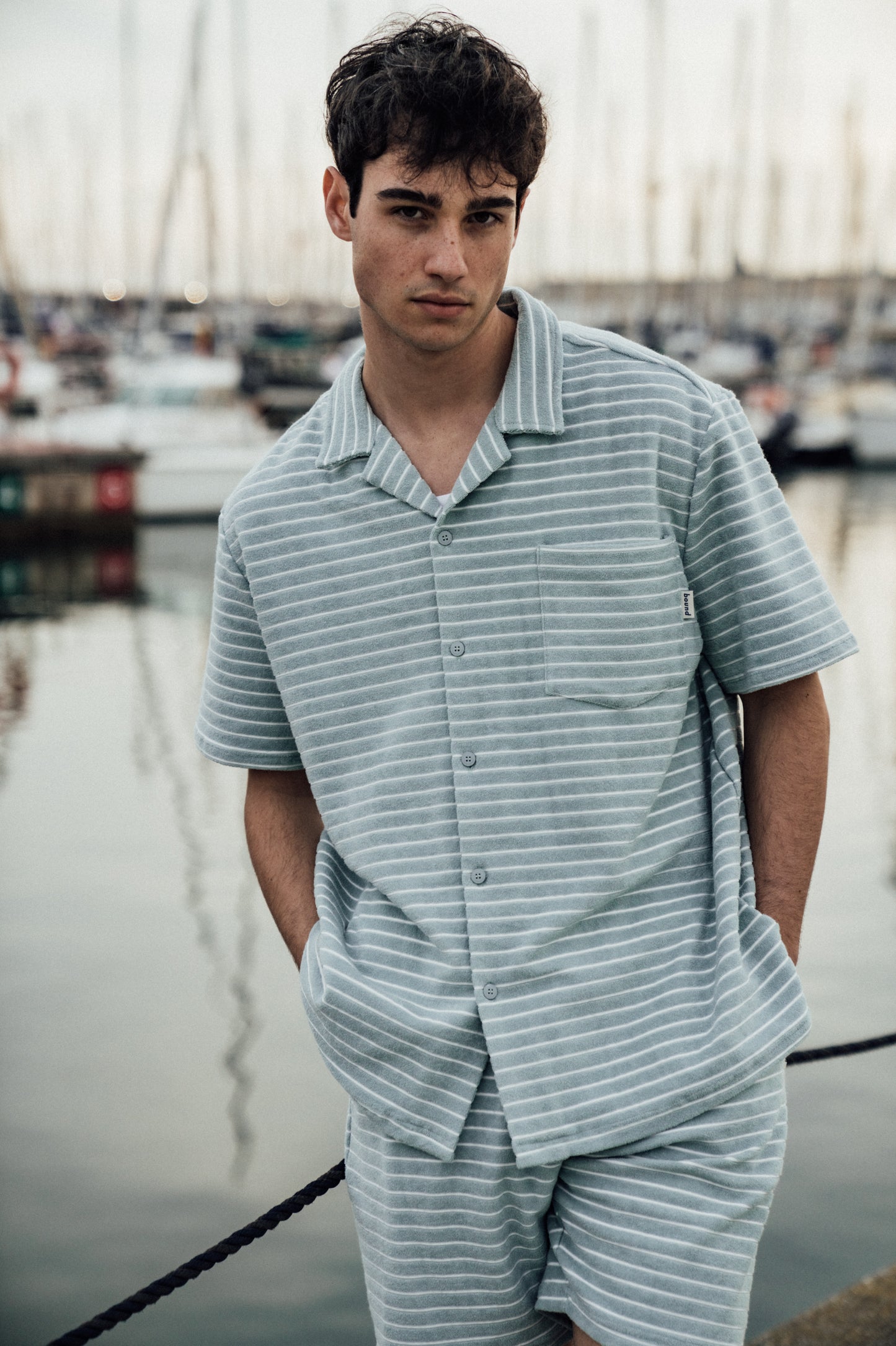 STRIPE TERRY TOWEL SS COTTON SHIRT - LIGHT BLUE