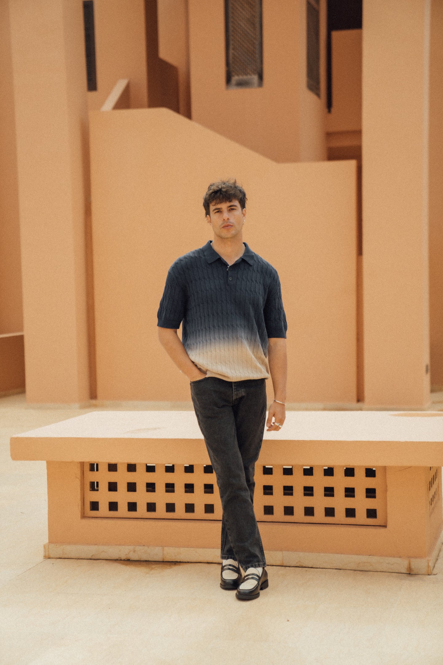OMBRE CABLE KNIT POLO - NAVY / TAN