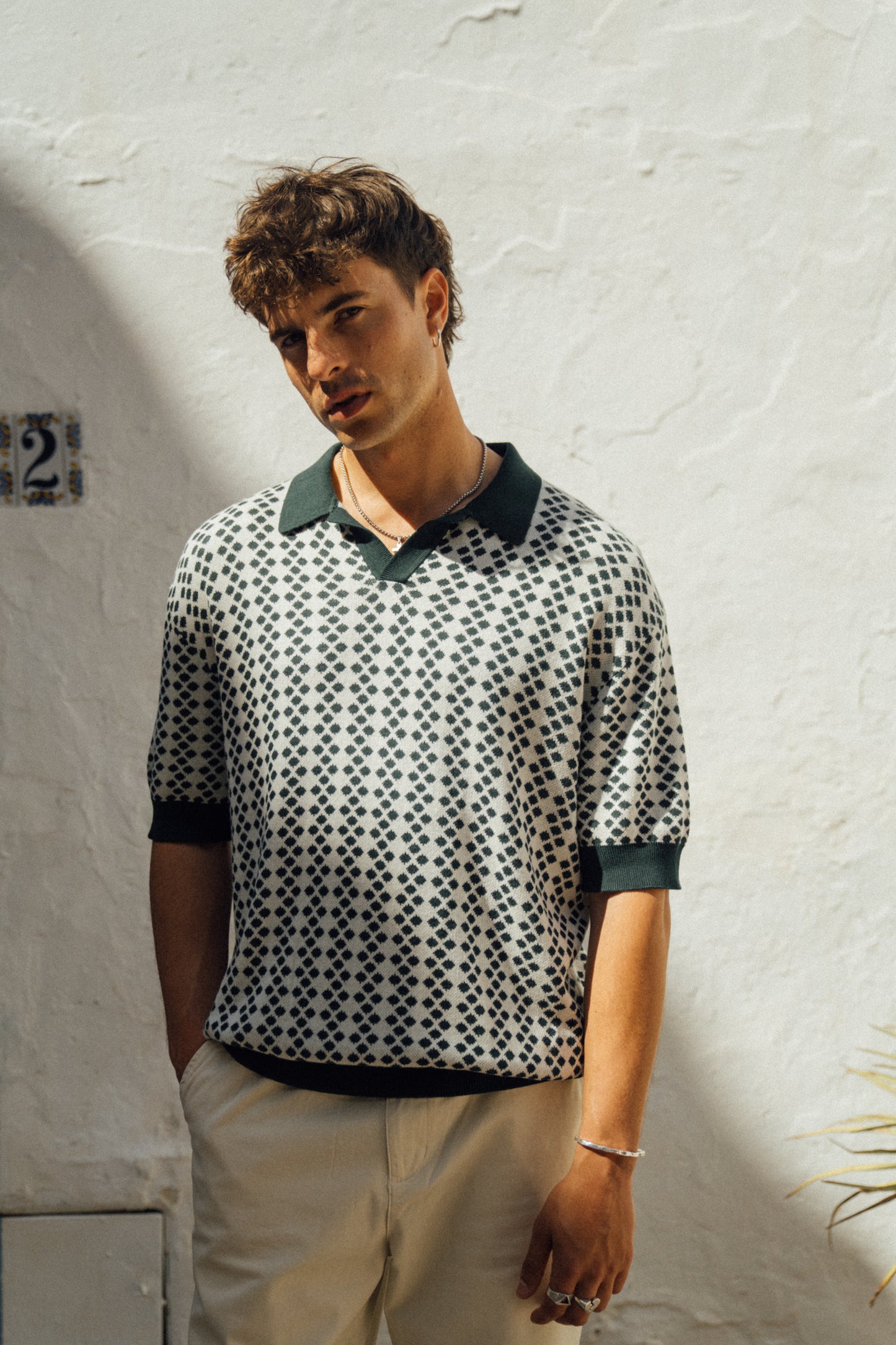 SERRA DOTTED KNIT POLO - WHITE / GREEN