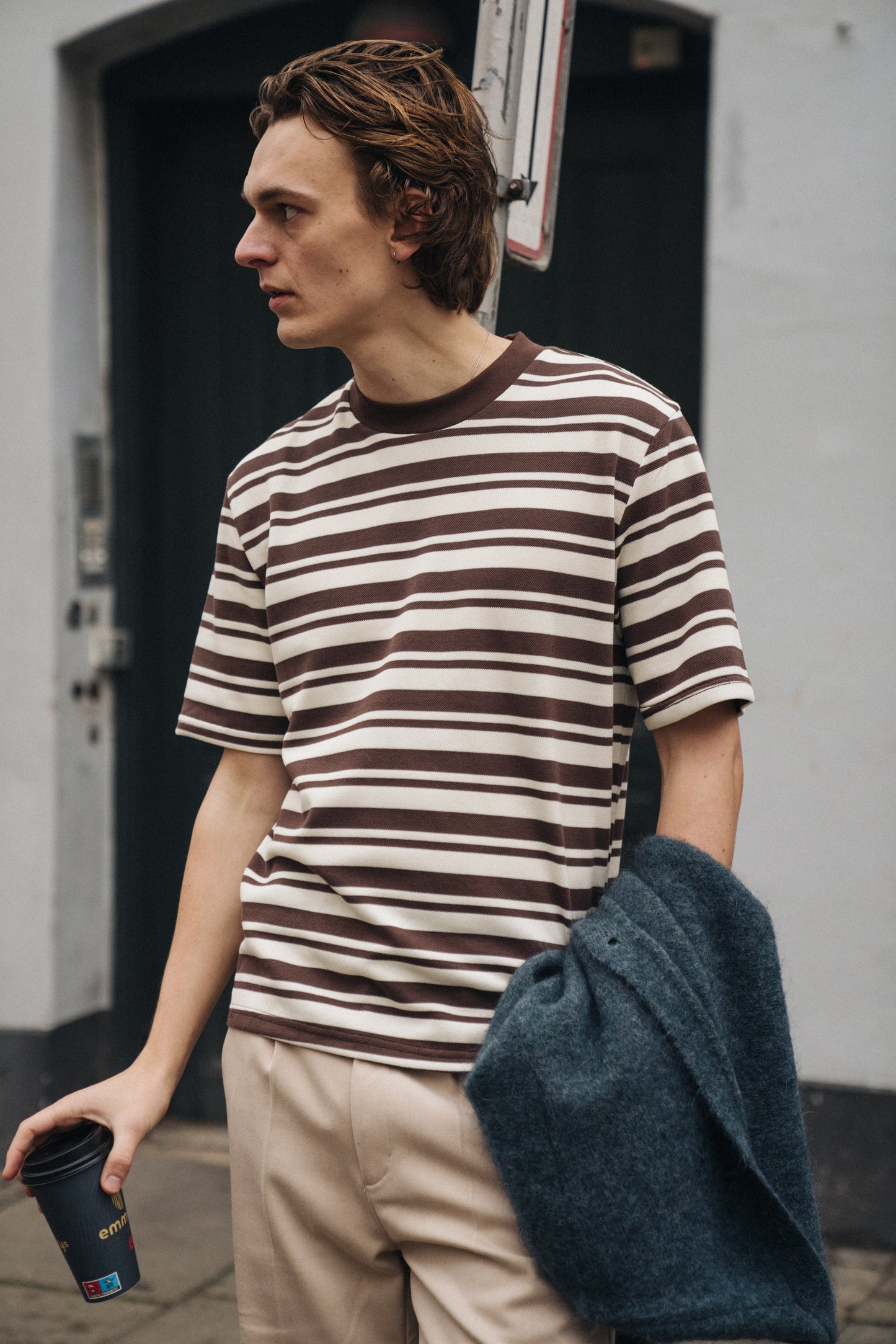 PIQUE STRIPE TEE - BROWN / ECRU