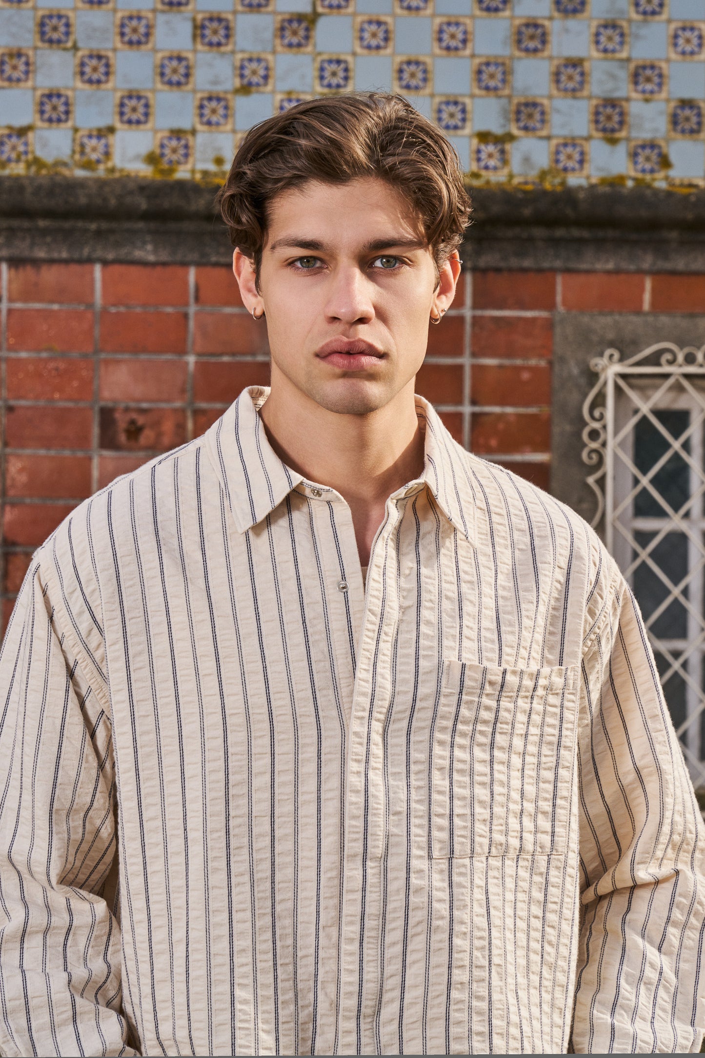 PORTO HERRINGBONE STRIPE SHIRT - CREAM