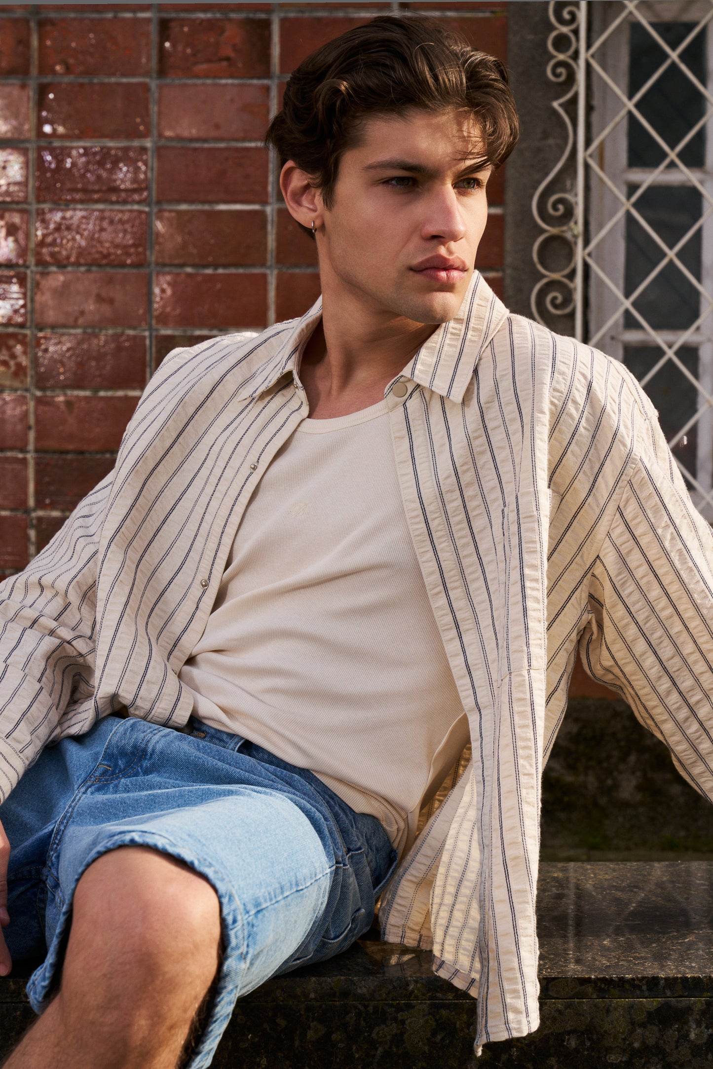 PORTO HERRINGBONE STRIPE SHIRT - CREAM