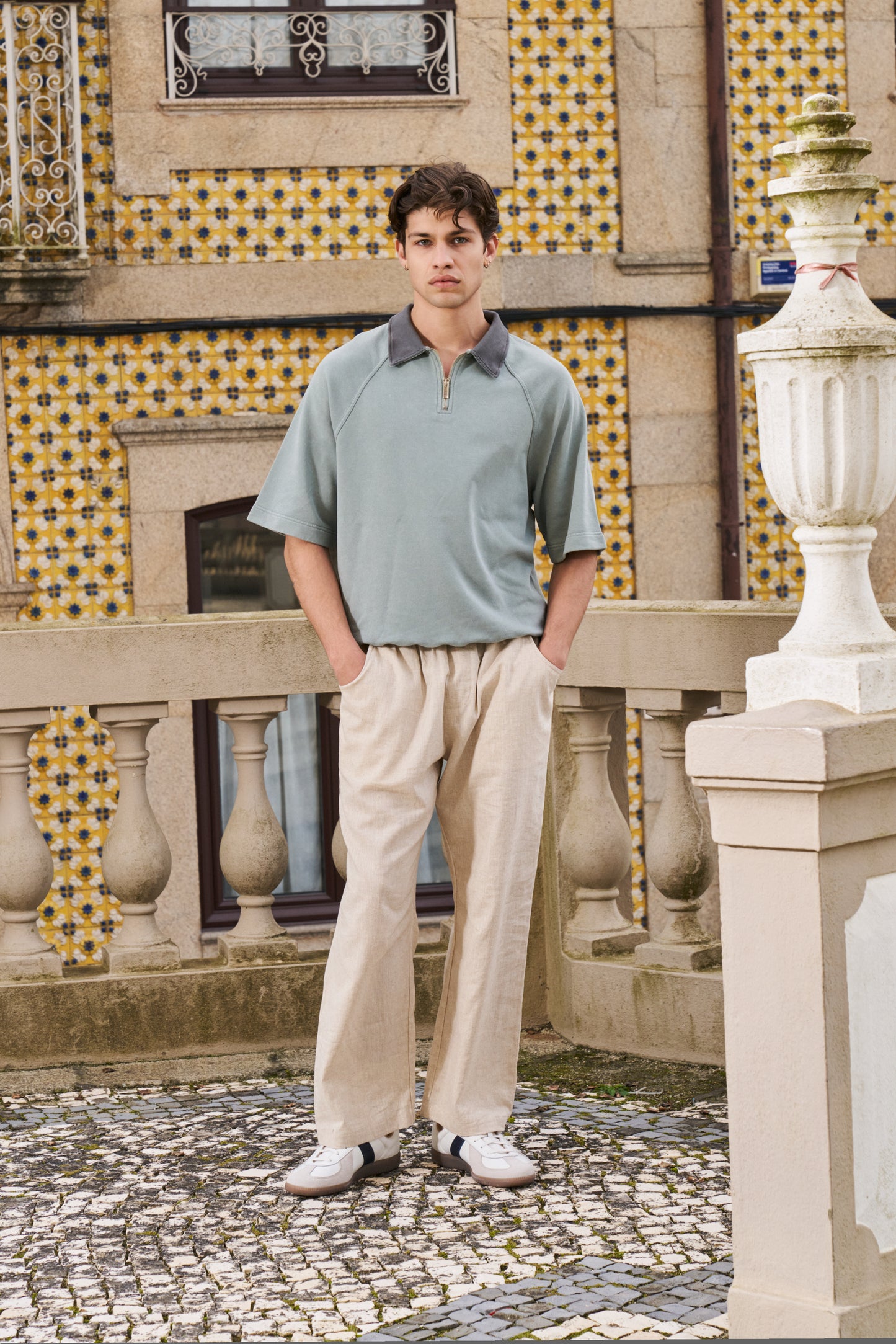SNOW WASHED 1/4 ZIP JERSEY POLO - POWDER BLUE