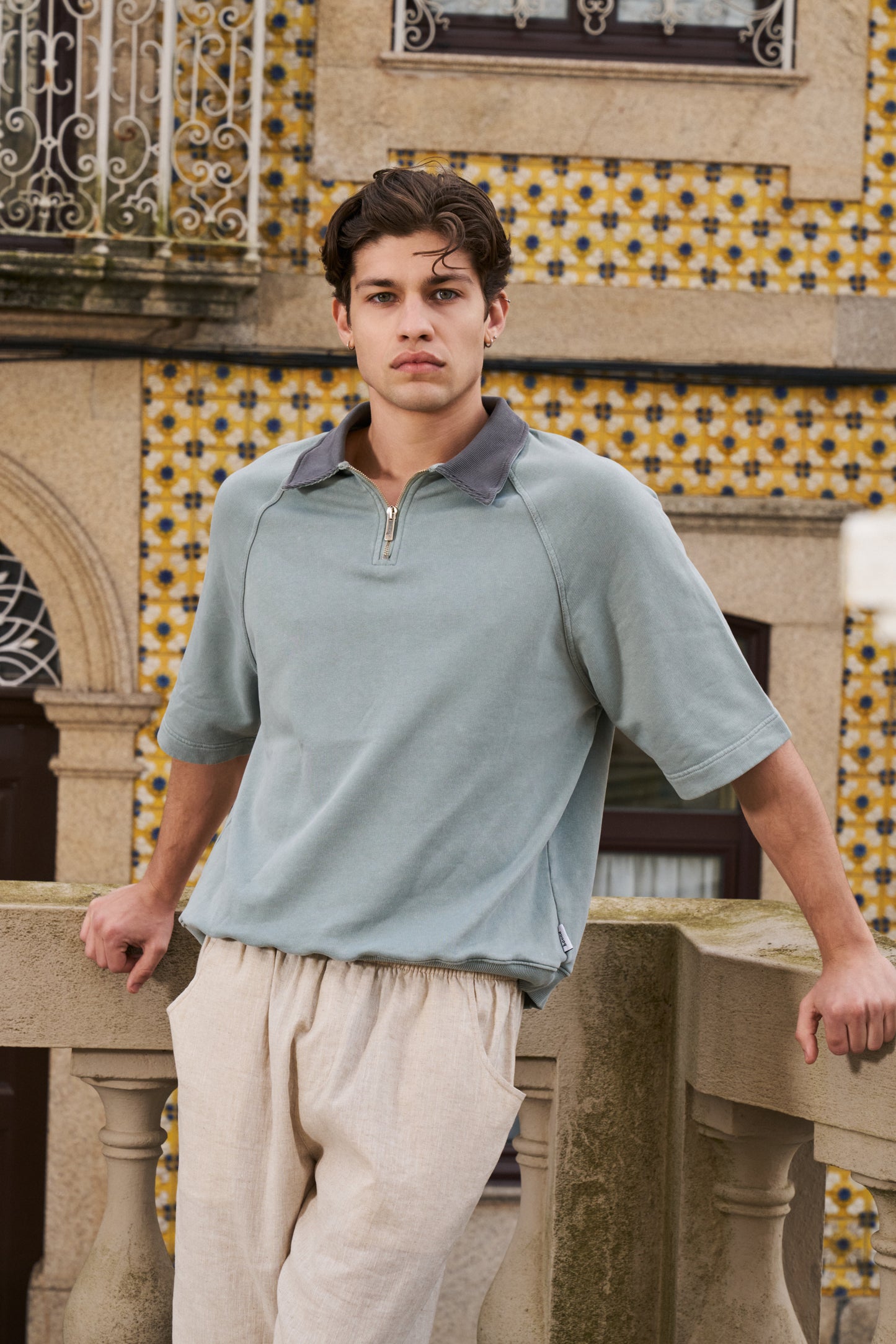 SNOW WASHED 1/4 ZIP JERSEY POLO - POWDER BLUE