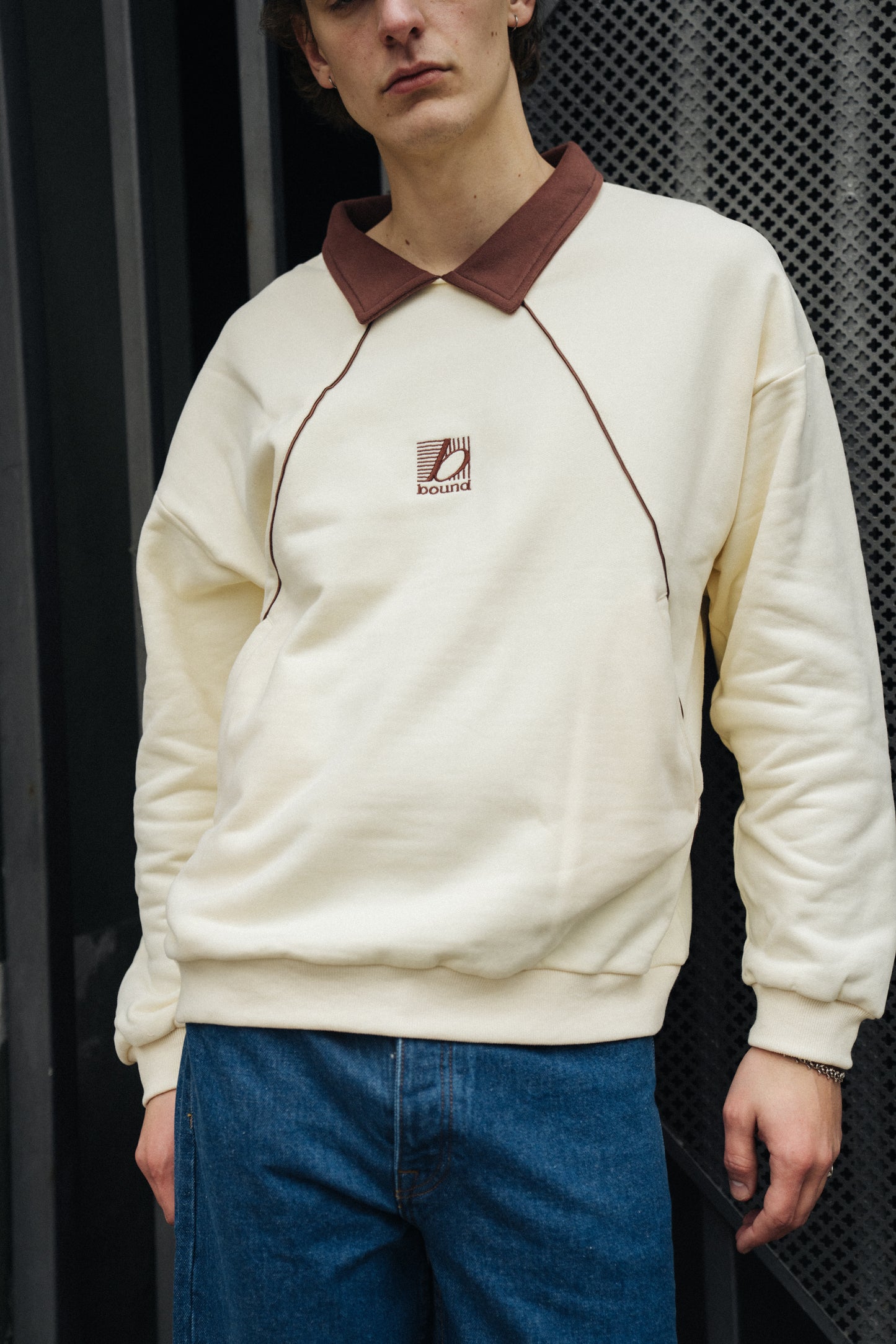 RETRO SPORTS GRID SWEATER - CREAM / BROWN