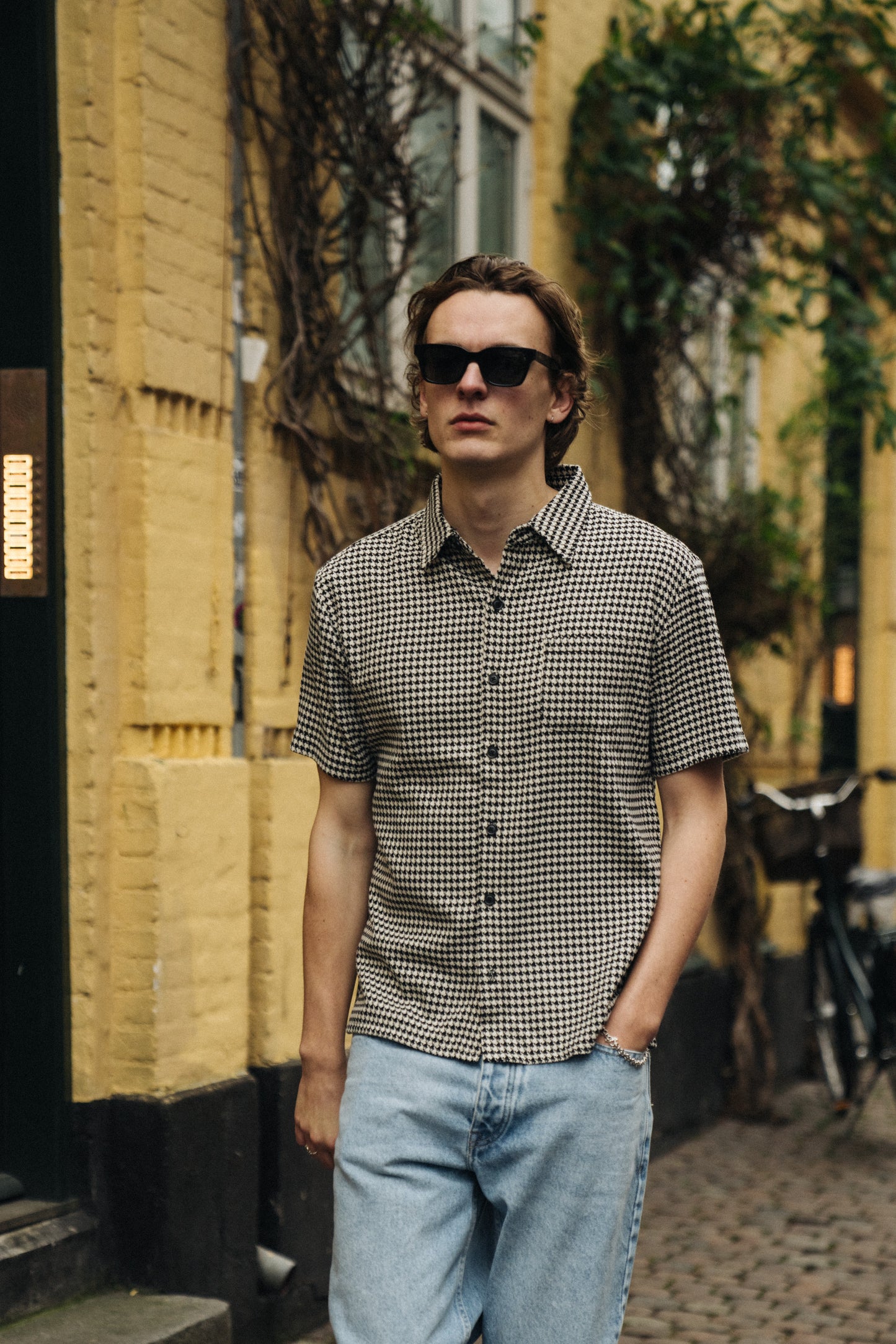 DOGTOOTH WOVEN POLO - BLACK