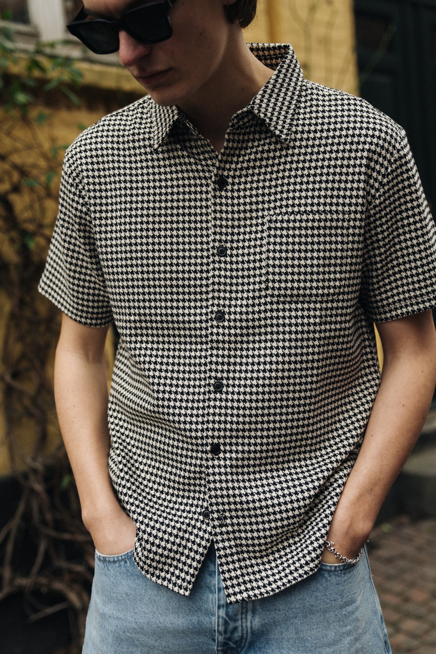 DOGTOOTH WOVEN POLO - BLACK