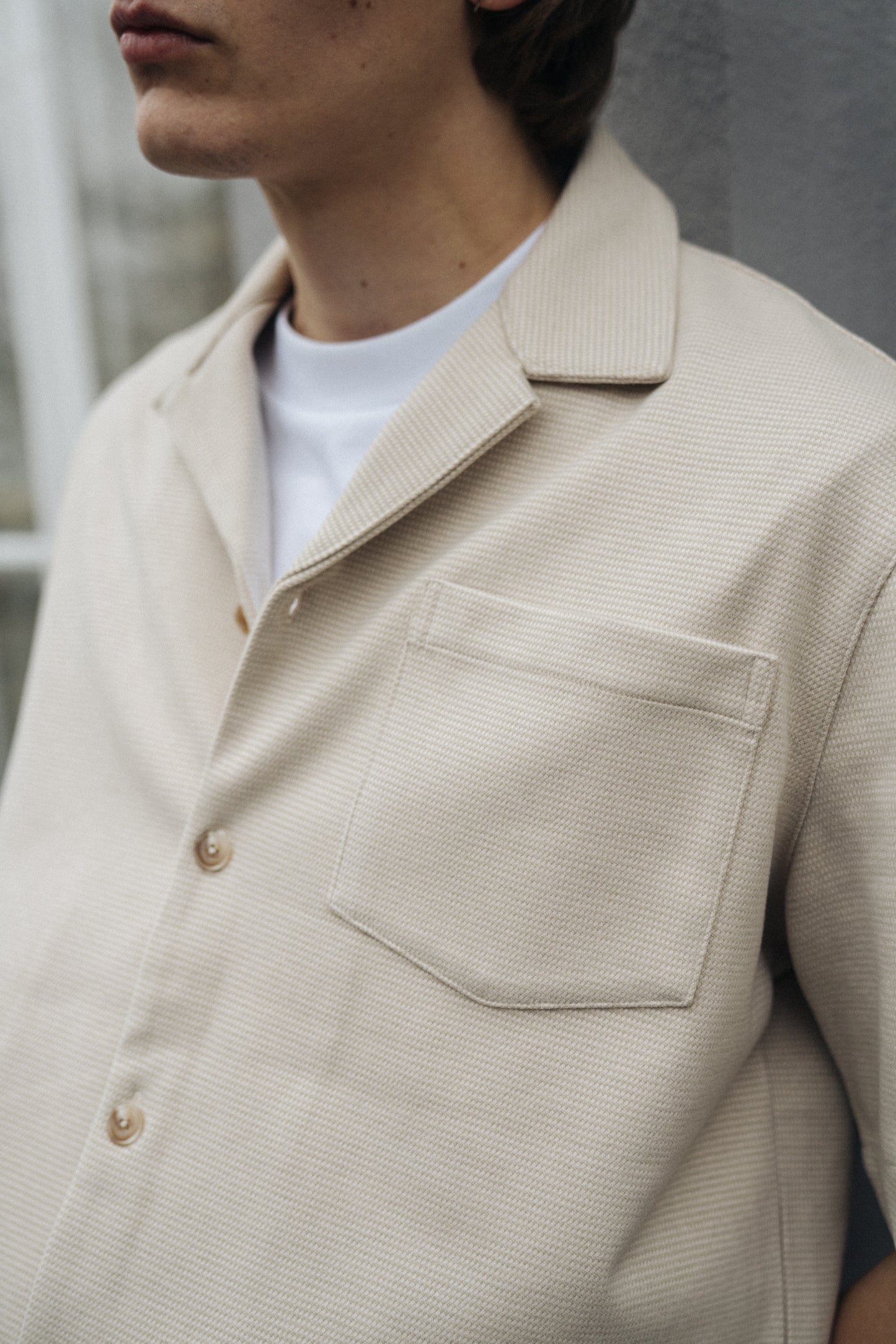 HEAVYWEIGHT WOVEN DOGTOOTH CUBAN POLO - OAT