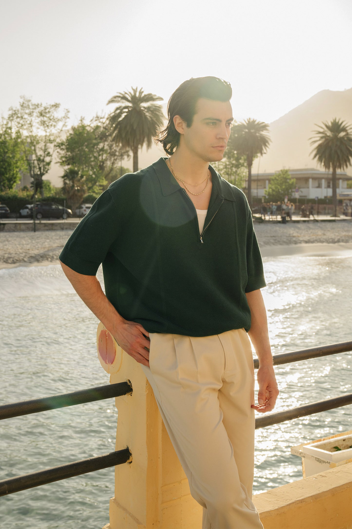 ARTHUR 1/4 ZIP WAFFLE KNIT POLO - BOTTLE GREEN