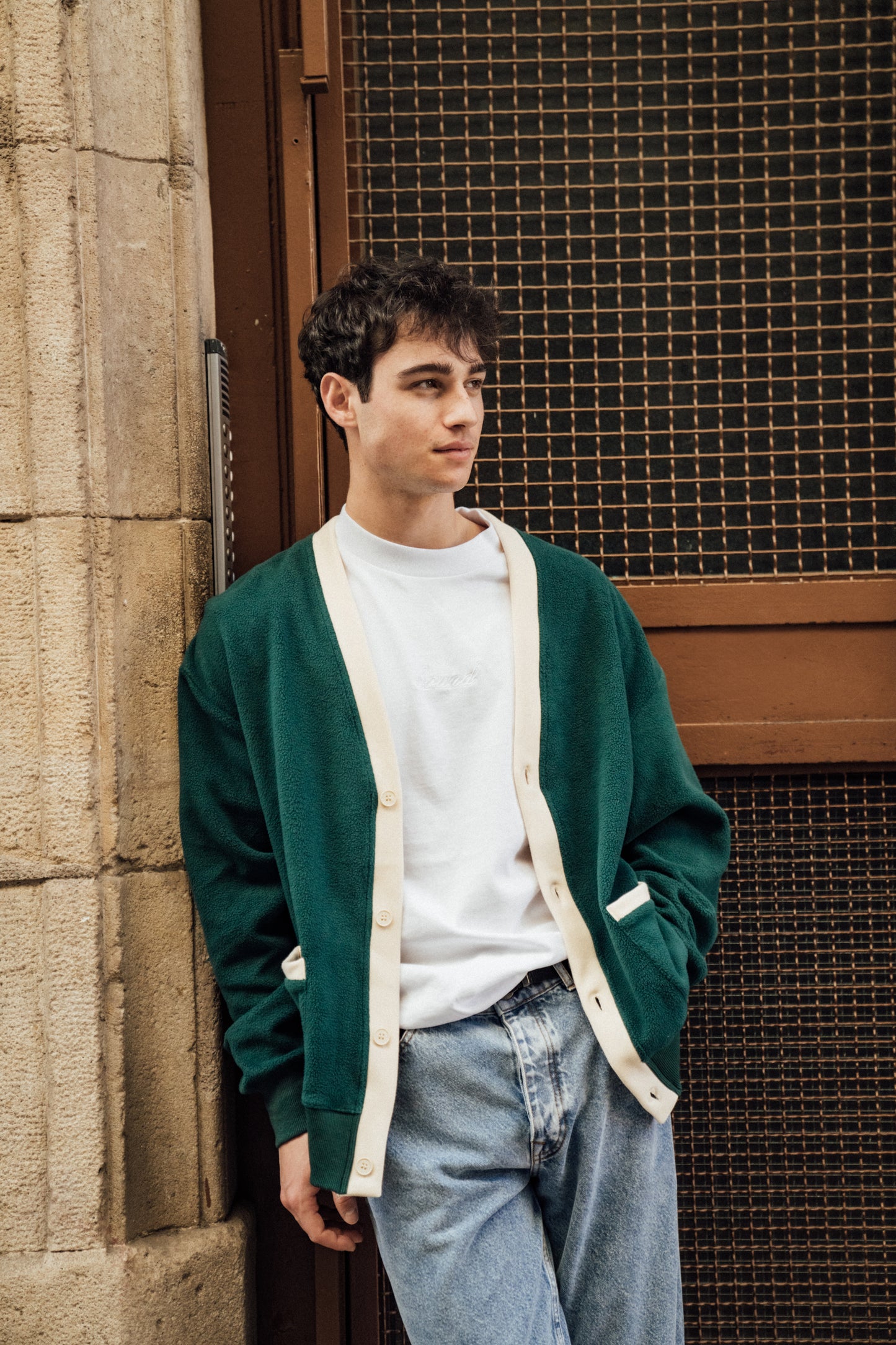 HARVARD REVERSE FLEECE CARDIGAN - BOTTLE GREEN