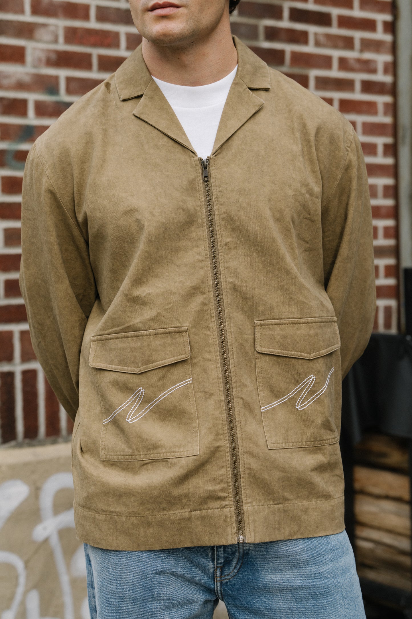 ACID WASH WORKWEAR ZIP UP OVERSHIRT - BROWN