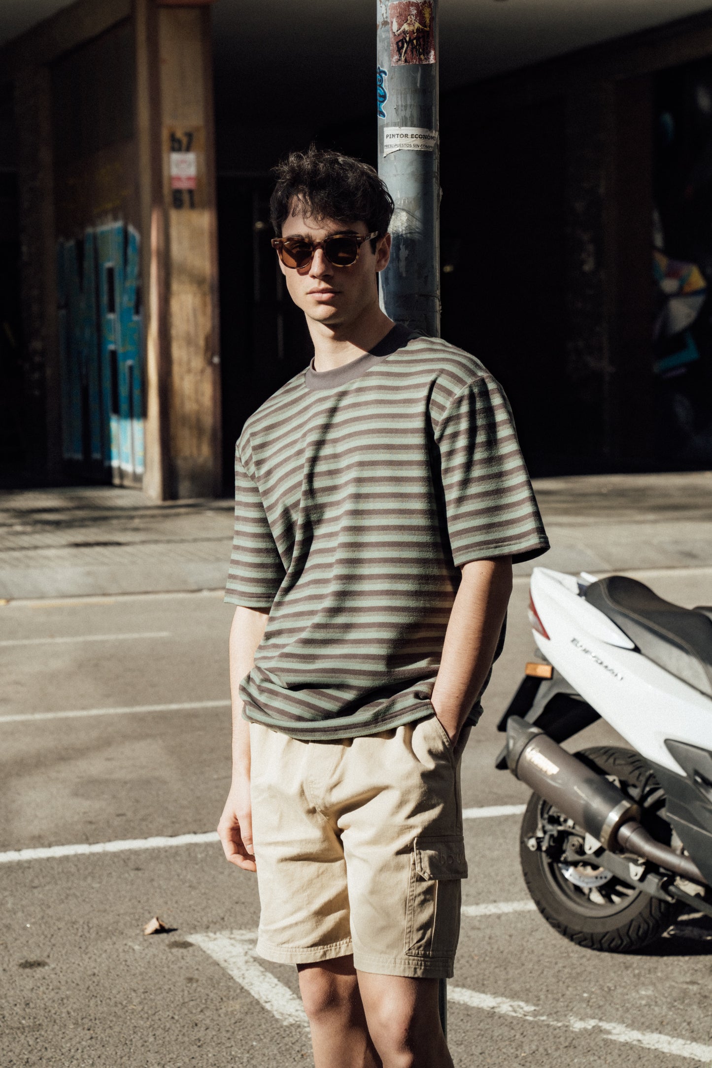 PEACHED STRIPE TEE - CHARCOAL & SAGE