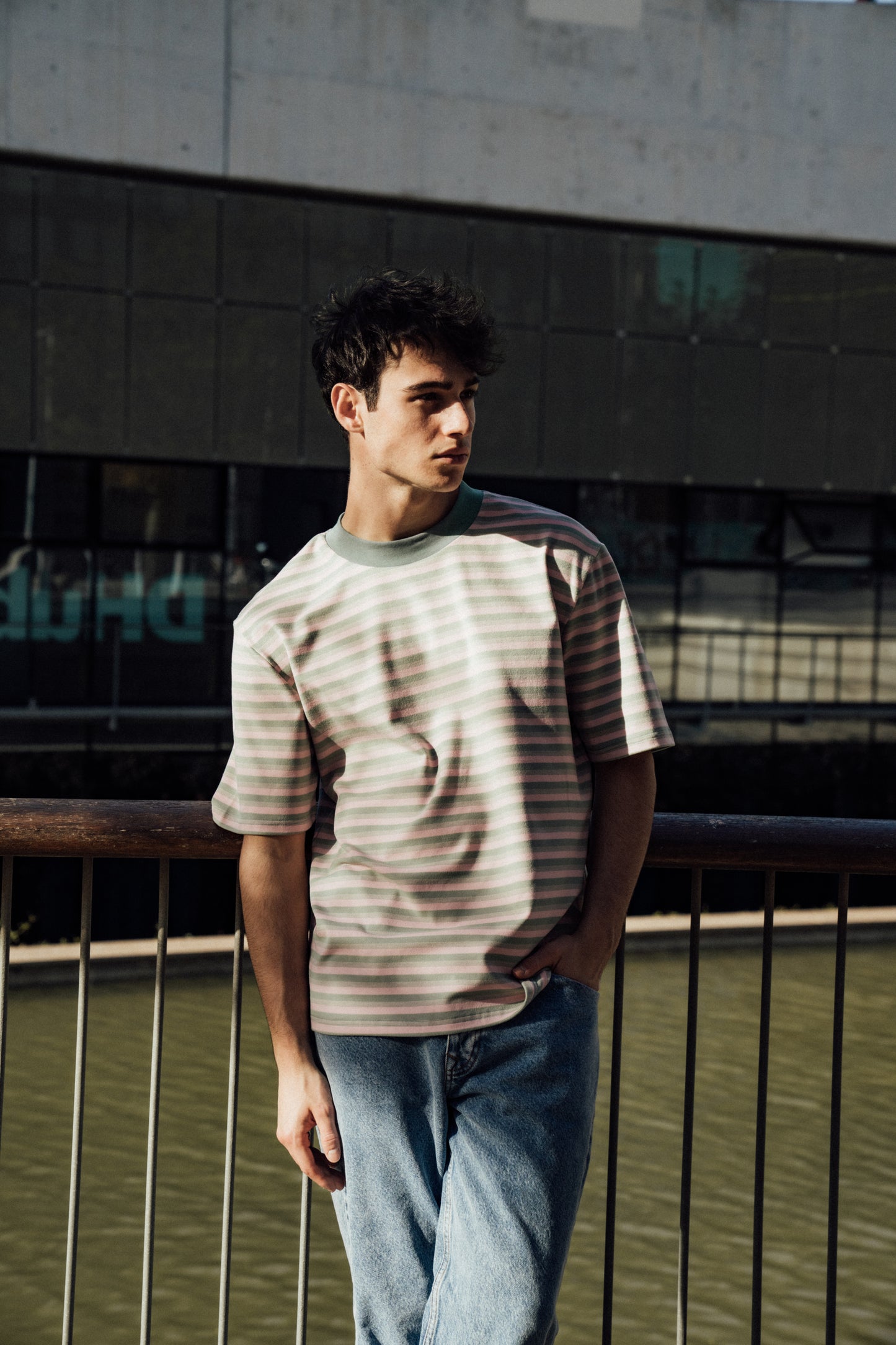 PEACHED STRIPE TEE - PINK & GREEN