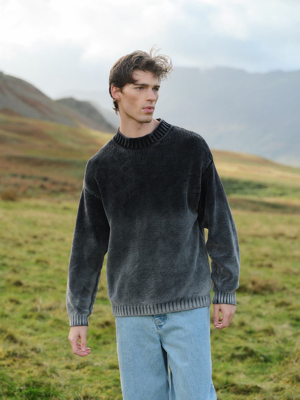 CHENILLE COTTON SPRAY WASH KNIT JUMPER - BLACK