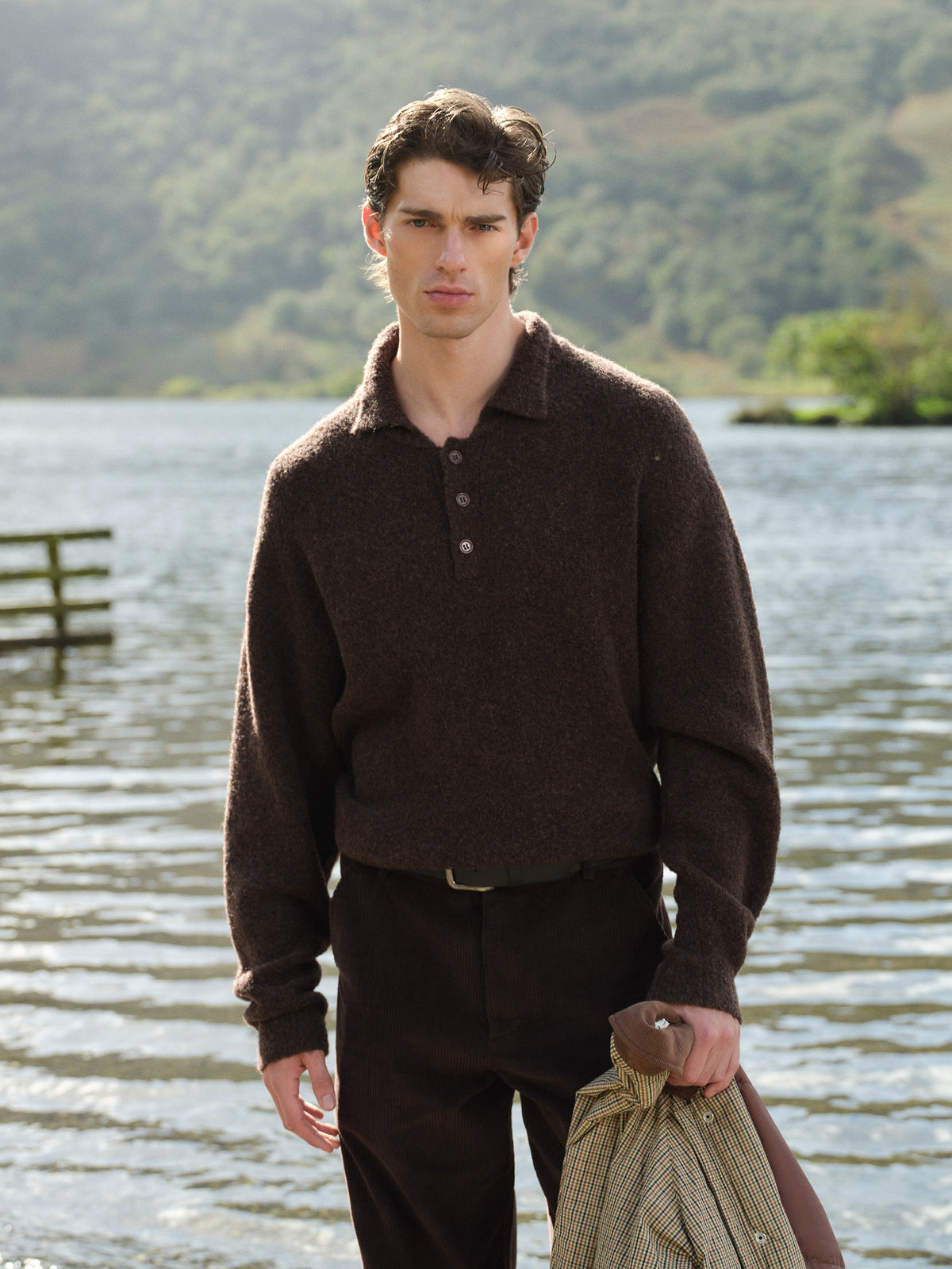 TEXTURED WOOL LONGSLEEVE KNIT POLO - WALNUT