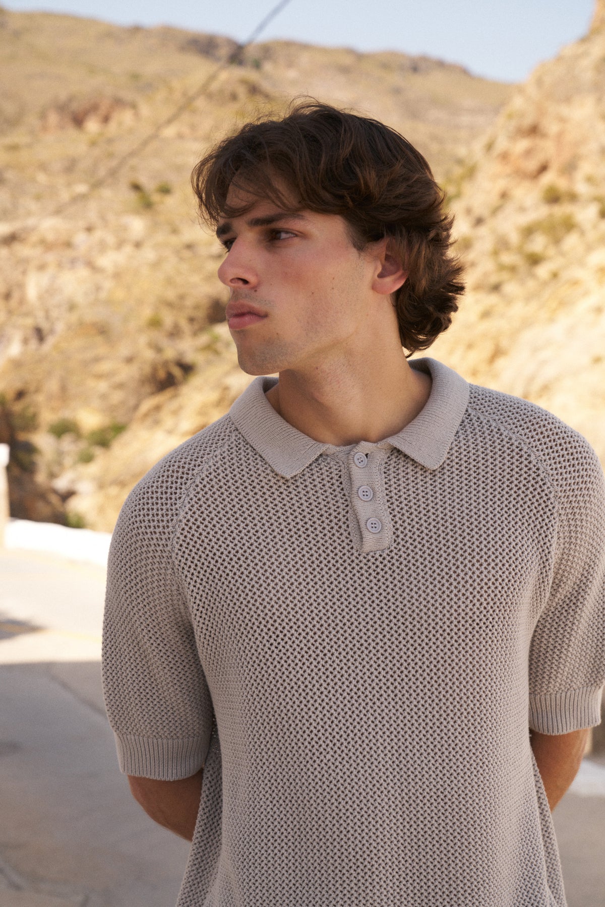 CROCHET KNIT POLO - STONE