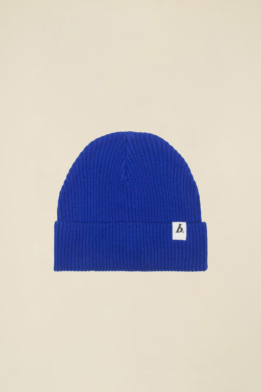 ORGANIC FISHERMAN RIBBED LABEL BEANIE - BLUE