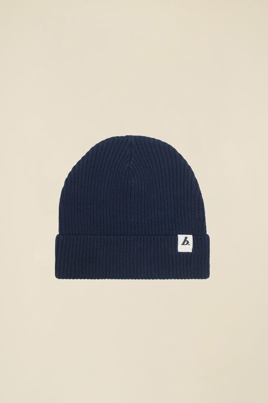 ORGANIC FISHERMAN RIBBED LABEL BEANIE - FRENCH NAVY