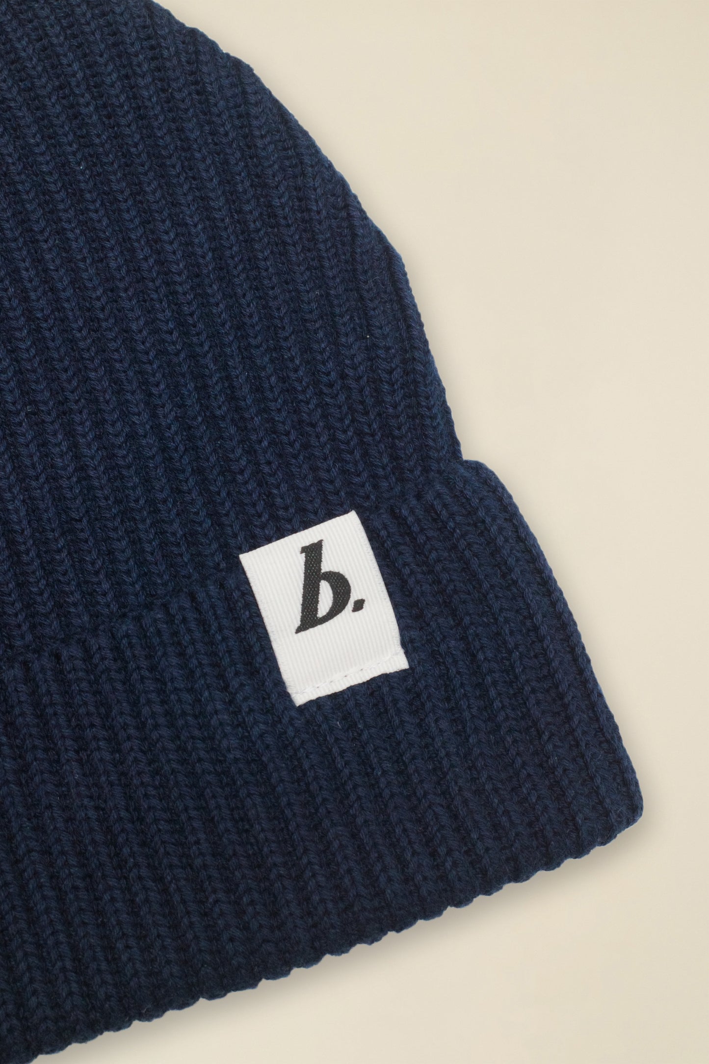 ORGANIC FISHERMAN RIBBED LABEL BEANIE - FRENCH NAVY