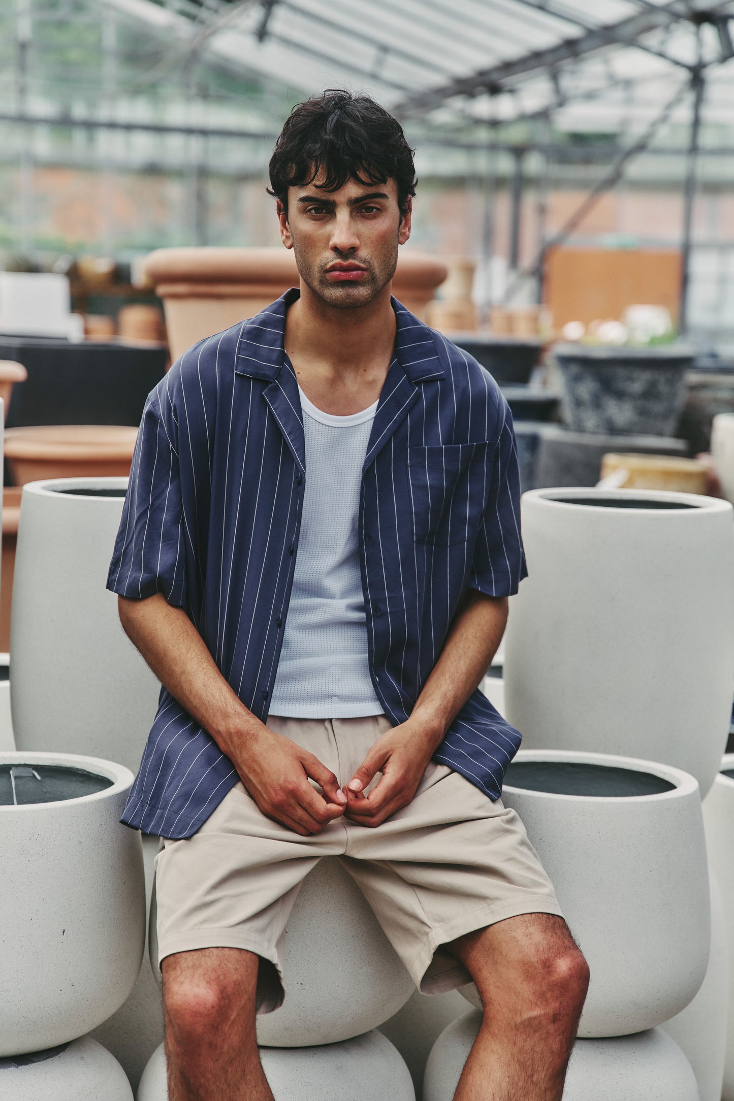 STRIPE TENCEL RAGLAN SHIRT - NAVY