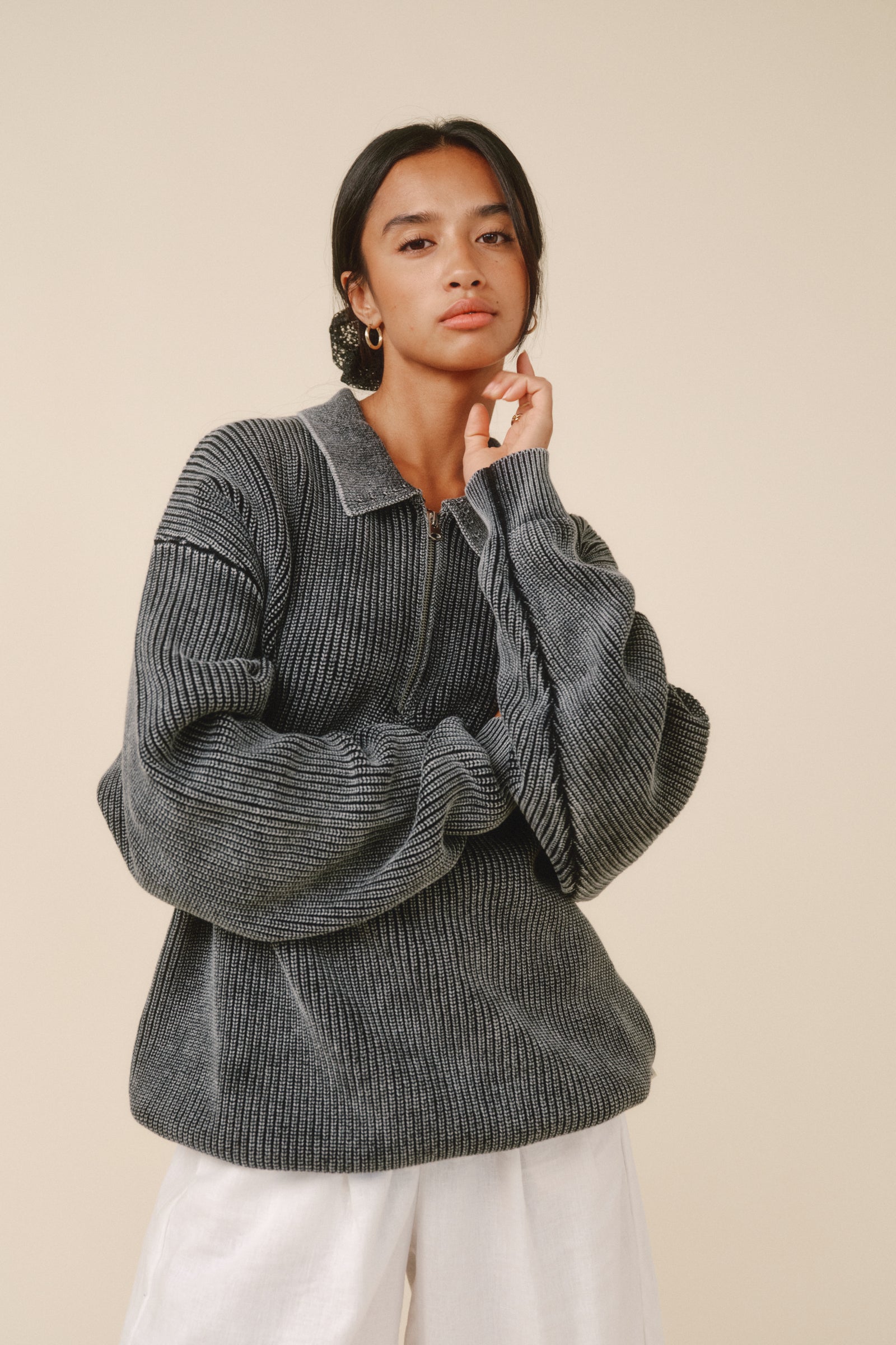 CHARCOAL ACID WASH HALF ZIP KNIT PULLOVER – bound