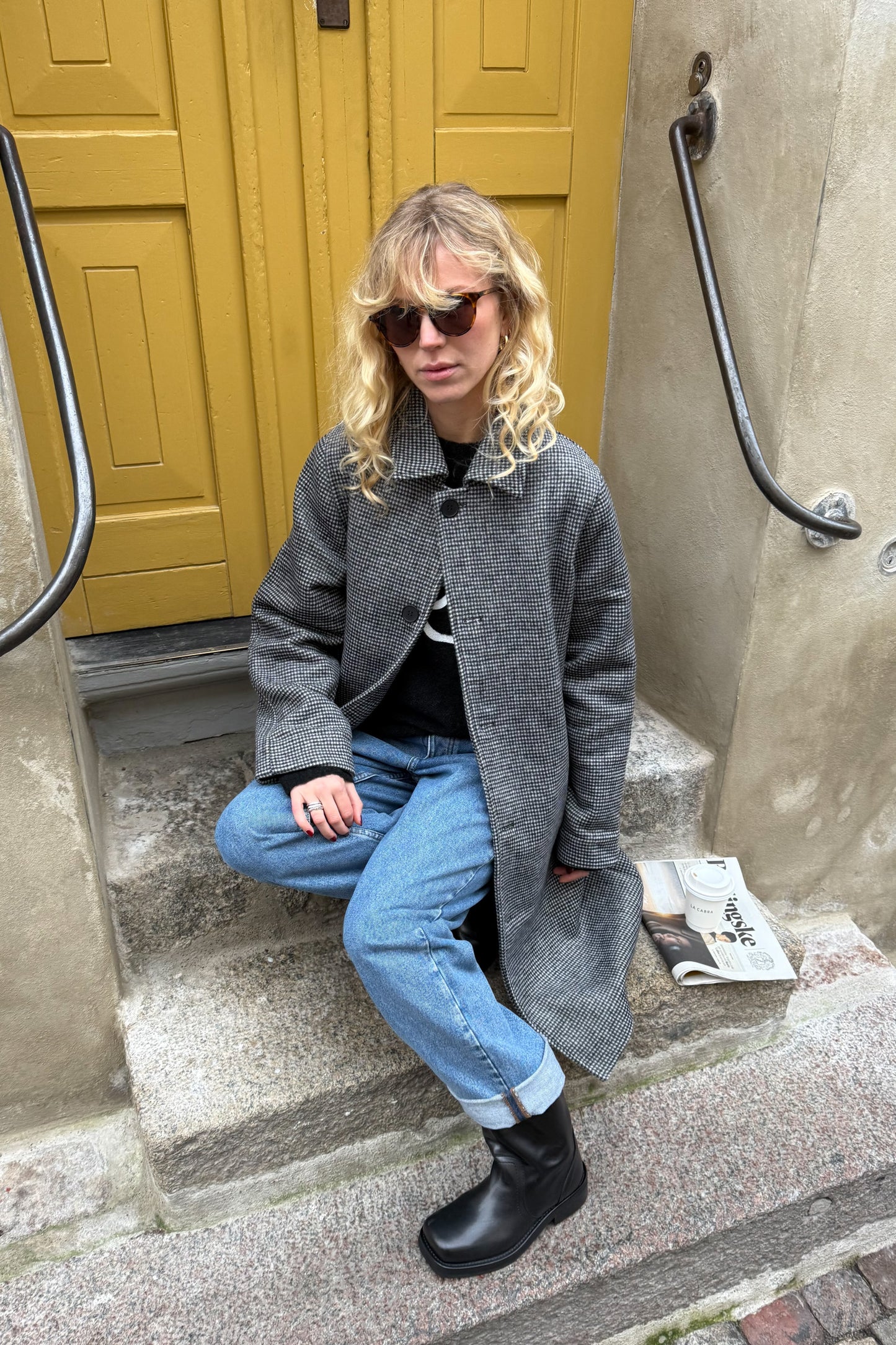 TRIBECA DOGTOOTH WOOL COAT - CHARC BLACK
