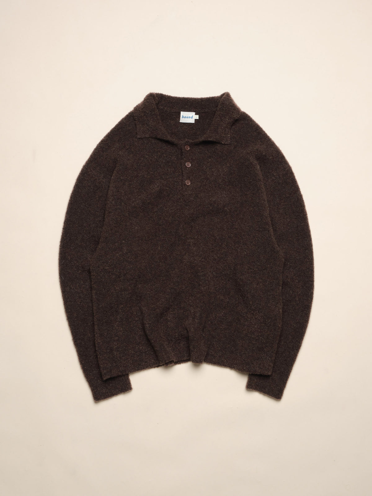 TEXTURED WOOL LONGSLEEVE KNIT POLO - WALNUT