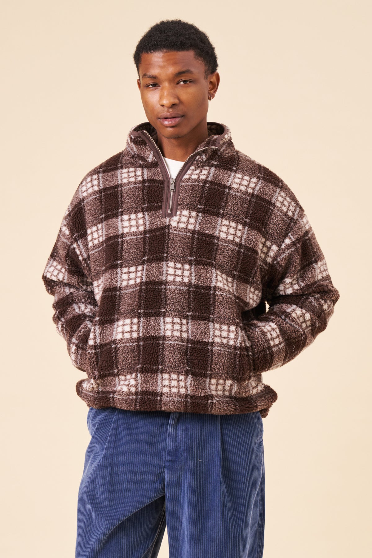 CHECK HALF ZIP FLEECE - BROWN