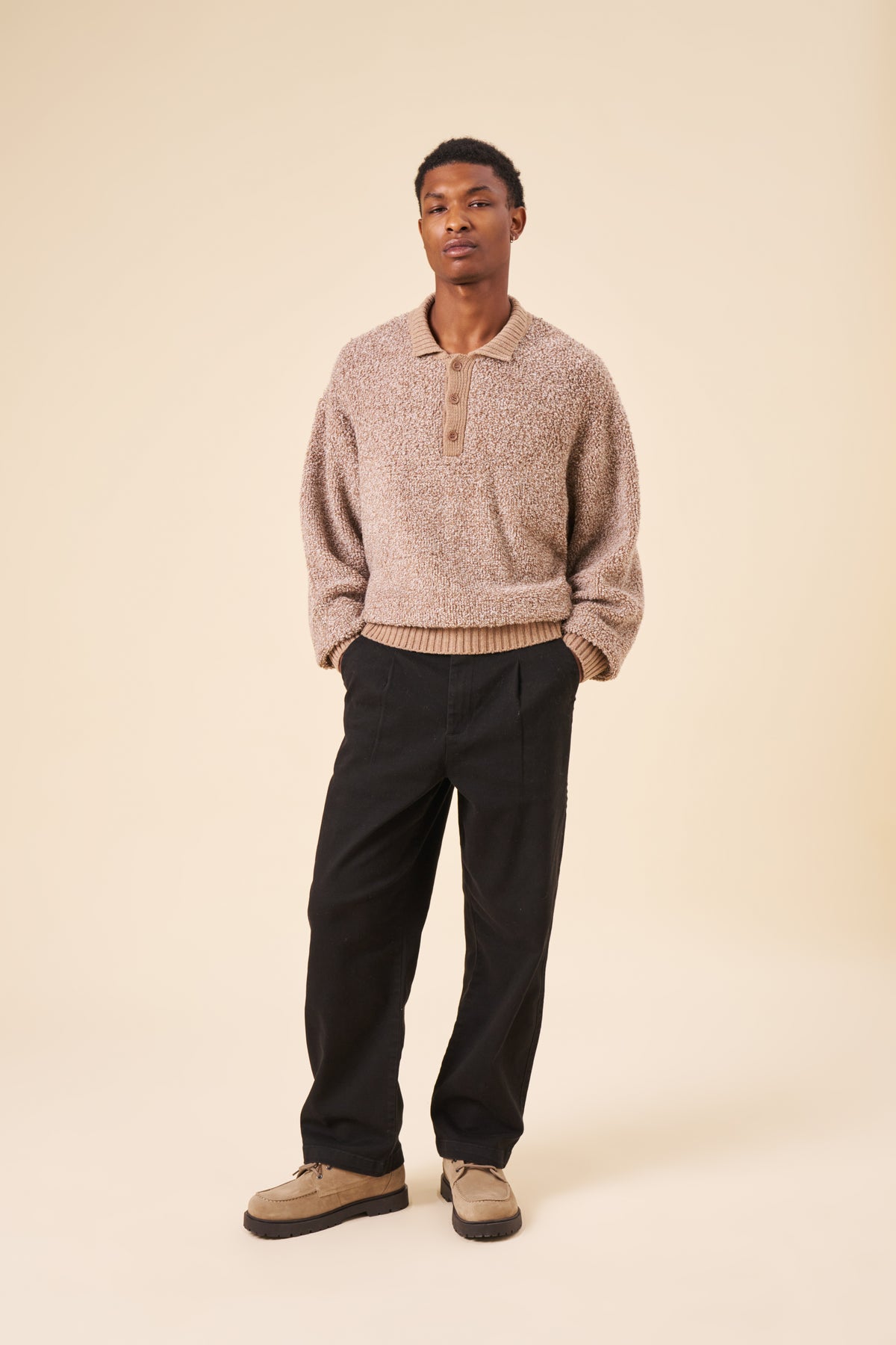 BOUCLE KNIT POLO - COFFEE