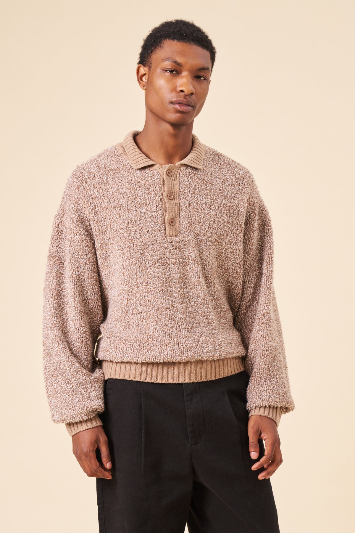 BOUCLE KNIT POLO - COFFEE