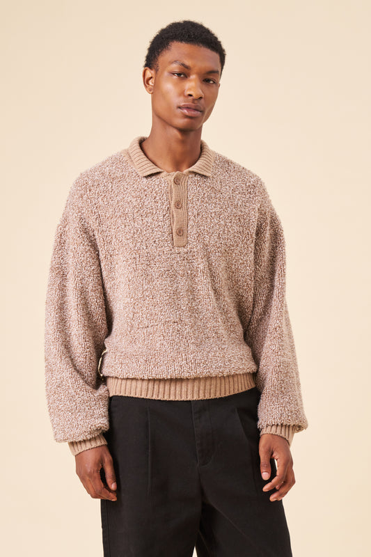 BOUCLE KNIT POLO - COFFEE