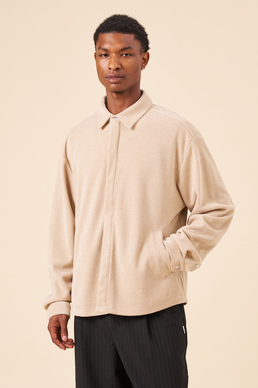 WAFFLE BUTTON UP SHIRT - BEIGE