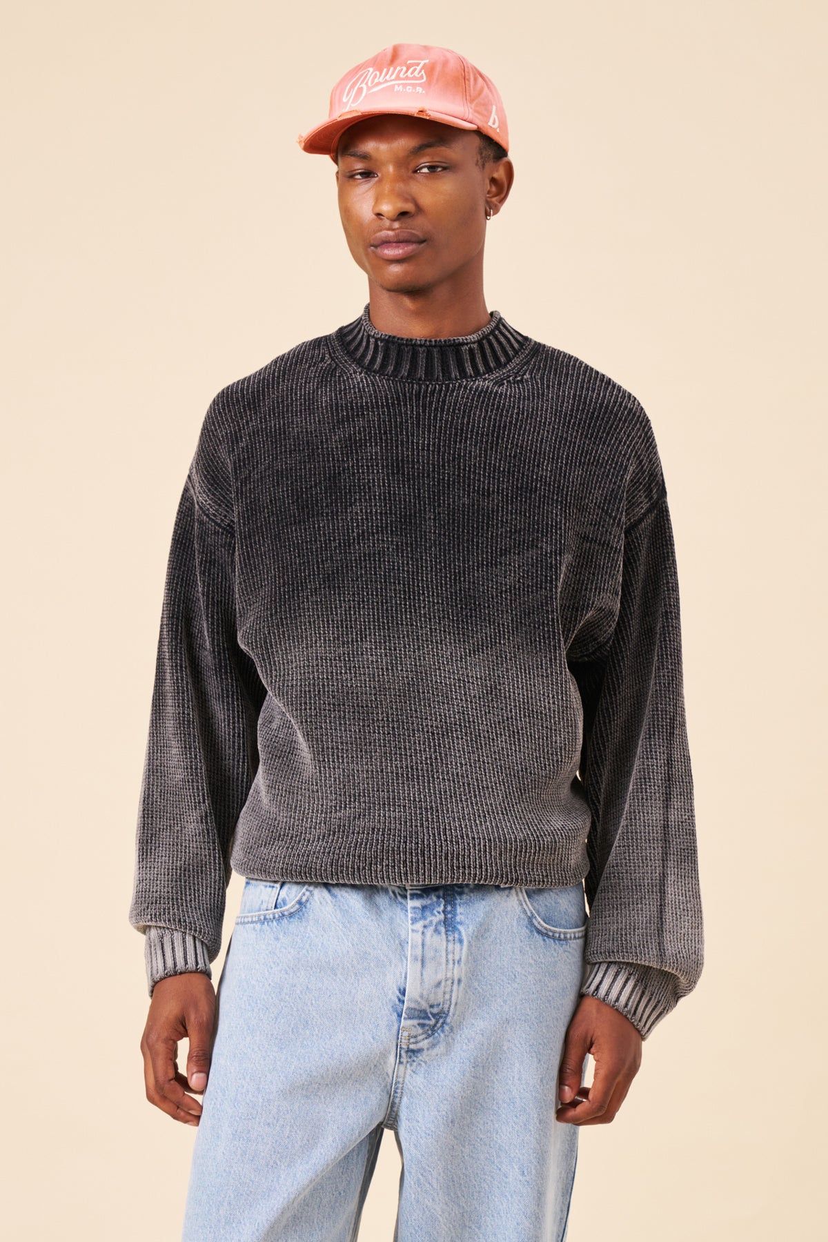 CHENILLE COTTON SPRAY WASH KNIT JUMPER - BLACK
