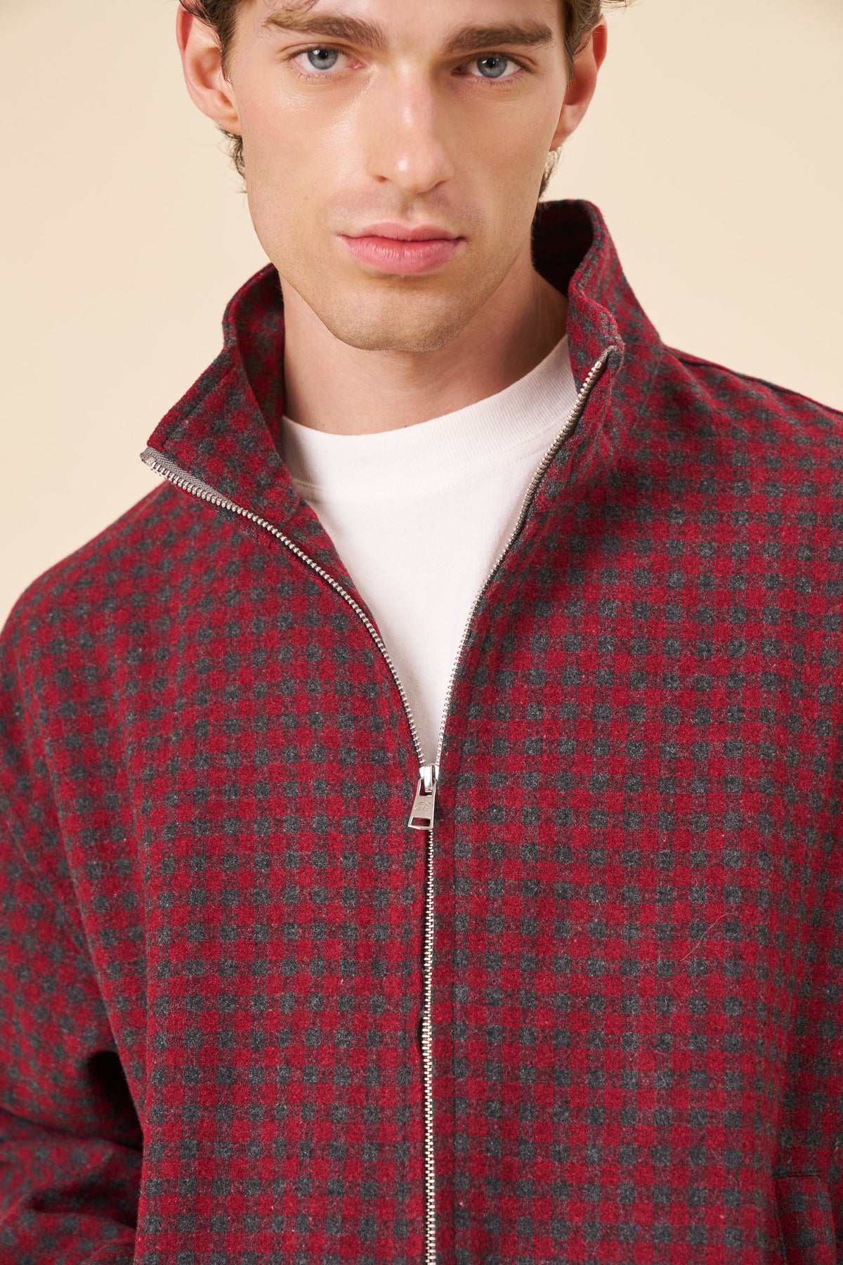 CHECK WOOL ZIP UP - RED