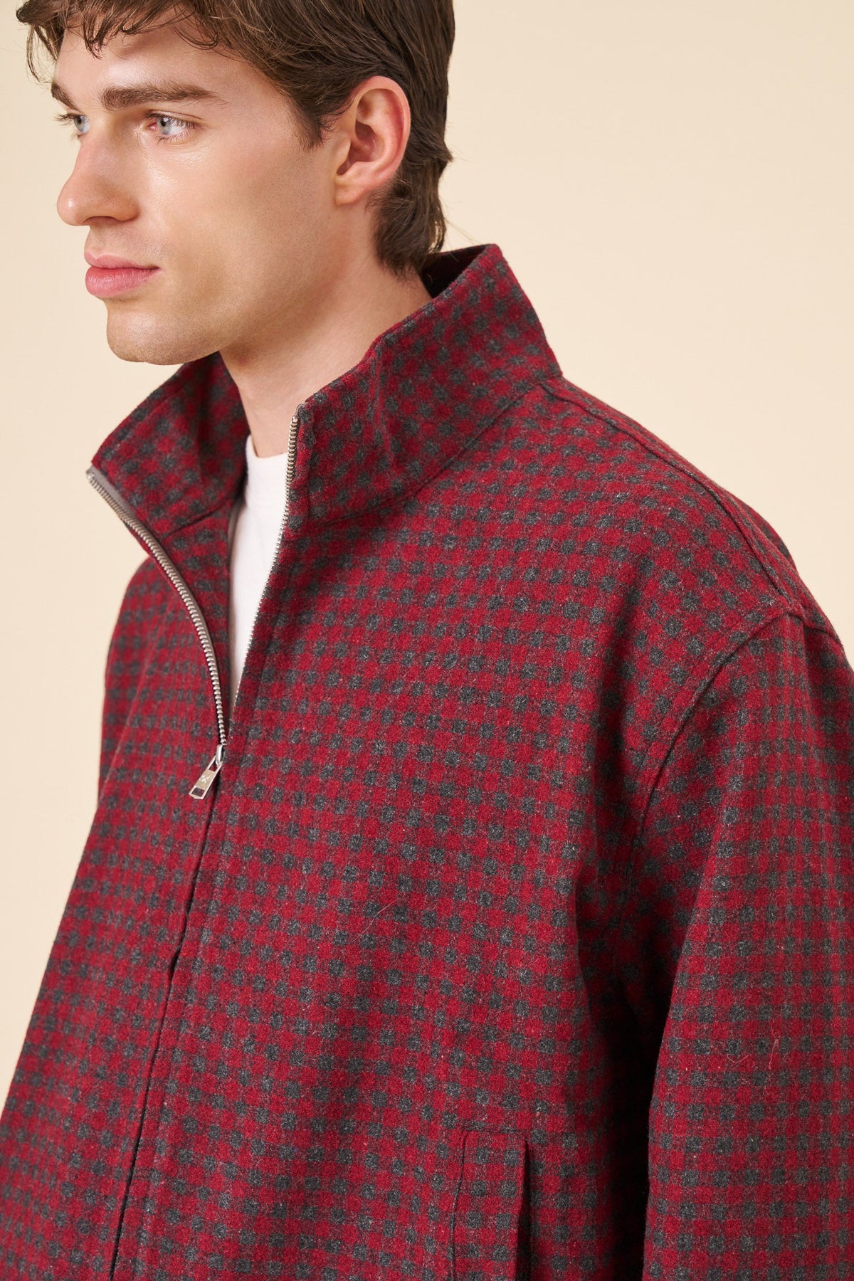 CHECK WOOL ZIP UP - RED