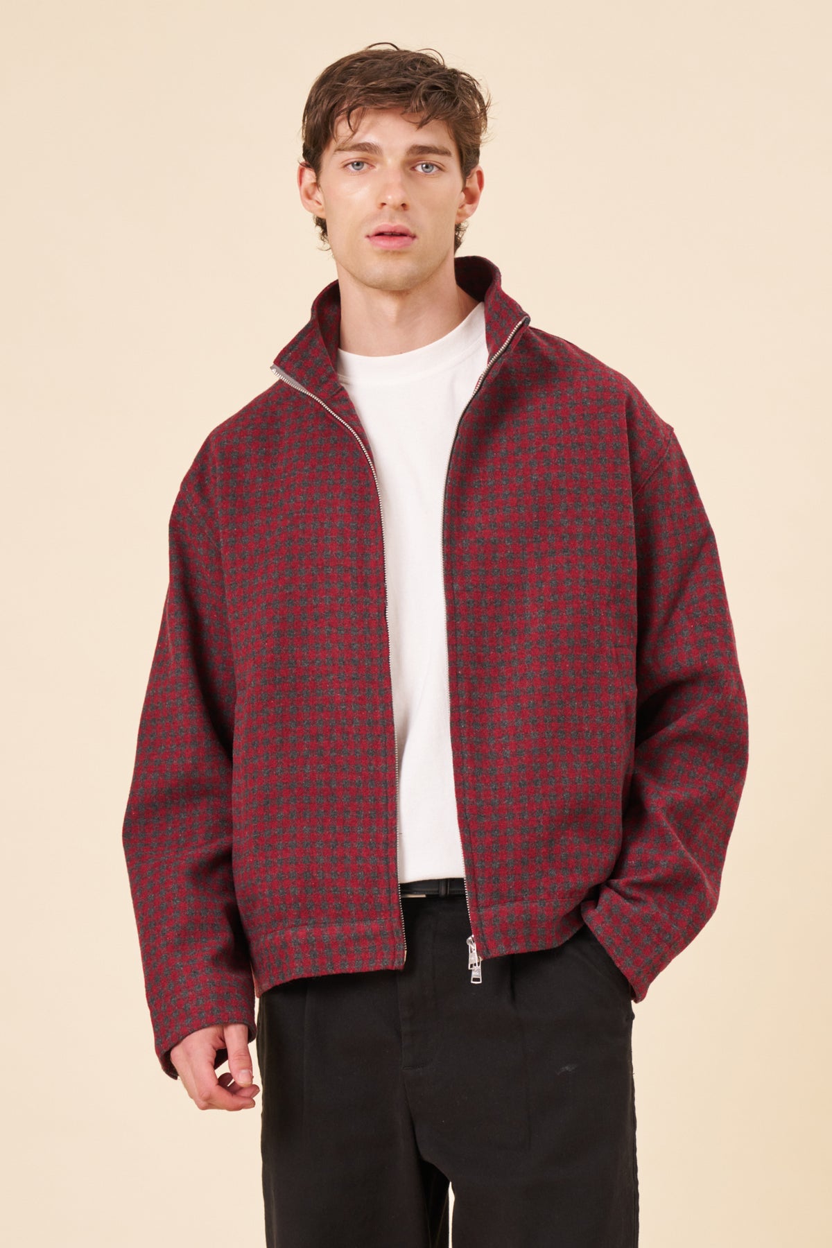 CHECK WOOL ZIP UP - RED