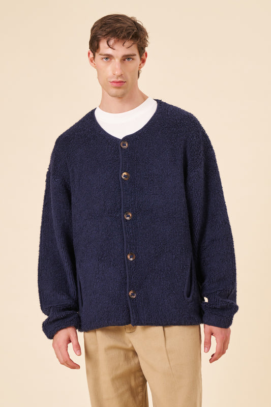 TREVOR GRANDAD FLEECE CARDIGAN - NAVY