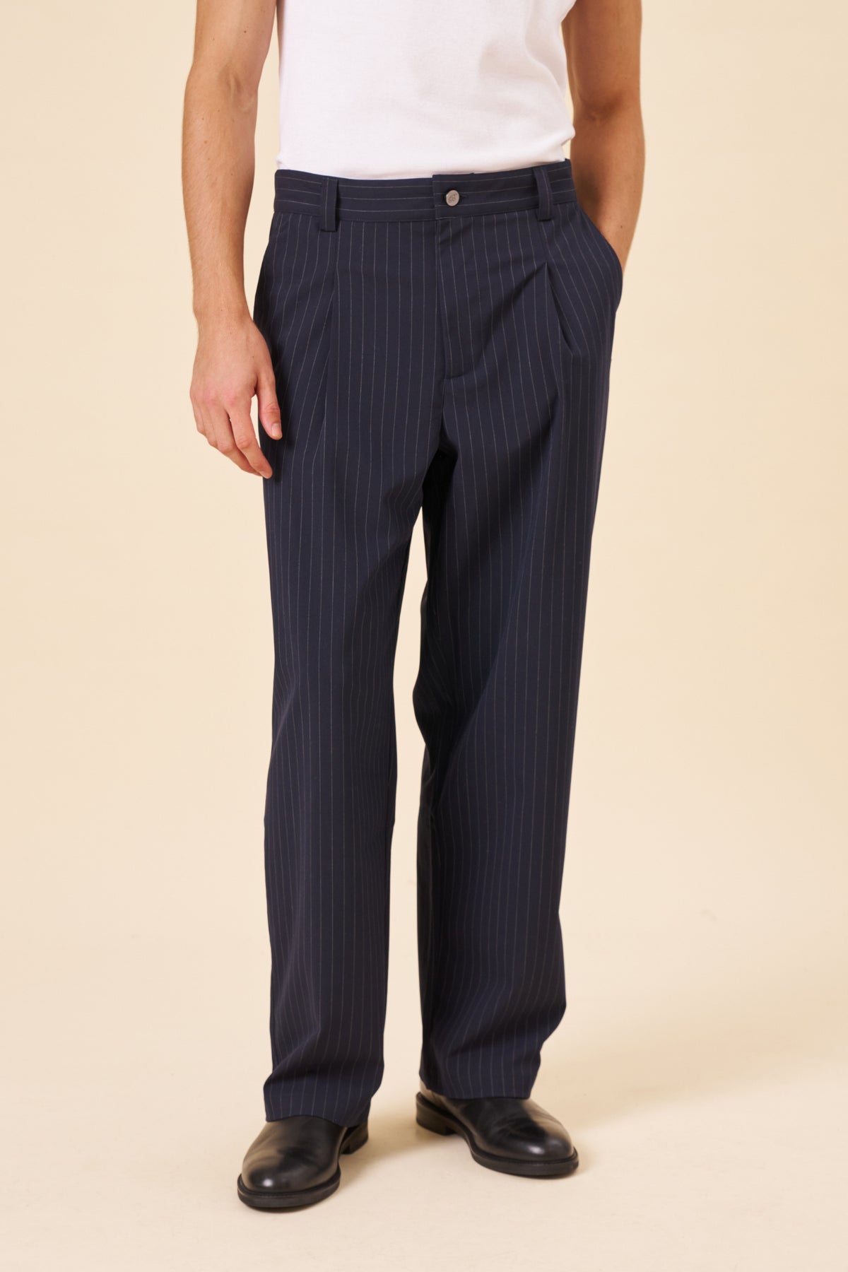 PIN STRIPE RELAXED PLEATED TROUSERS - NAVY