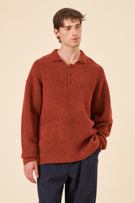 TEXTURED WOOL LONGSLEEVE KNIT POLO - RUST