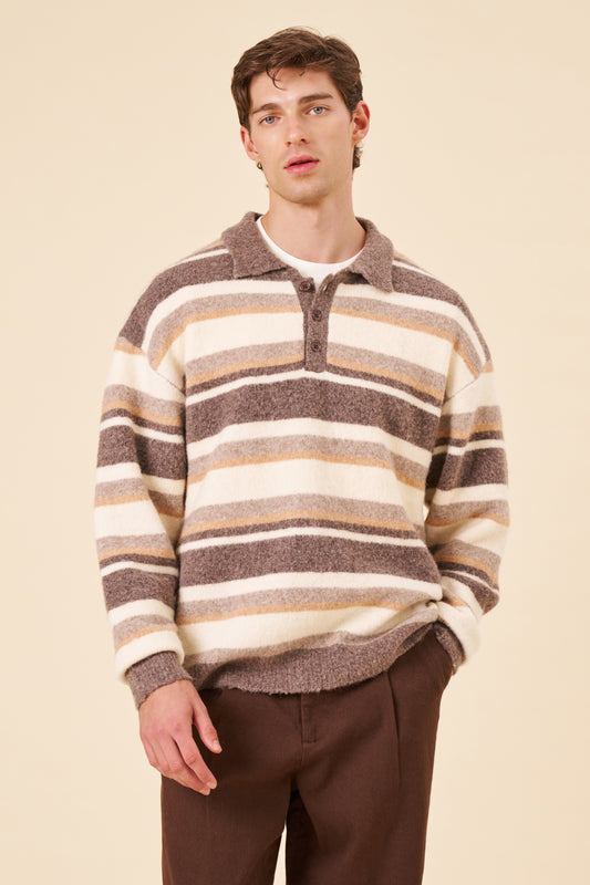 WOOL STRIPE KNIT POLO - EARTH