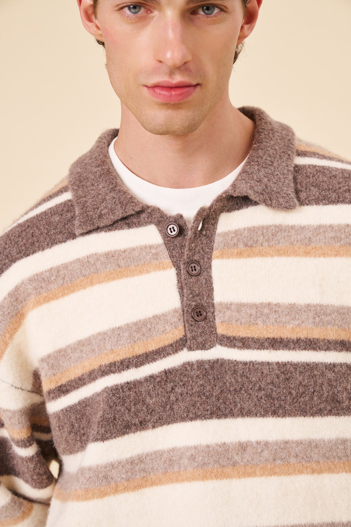 WOOL STRIPE KNIT POLO - EARTH