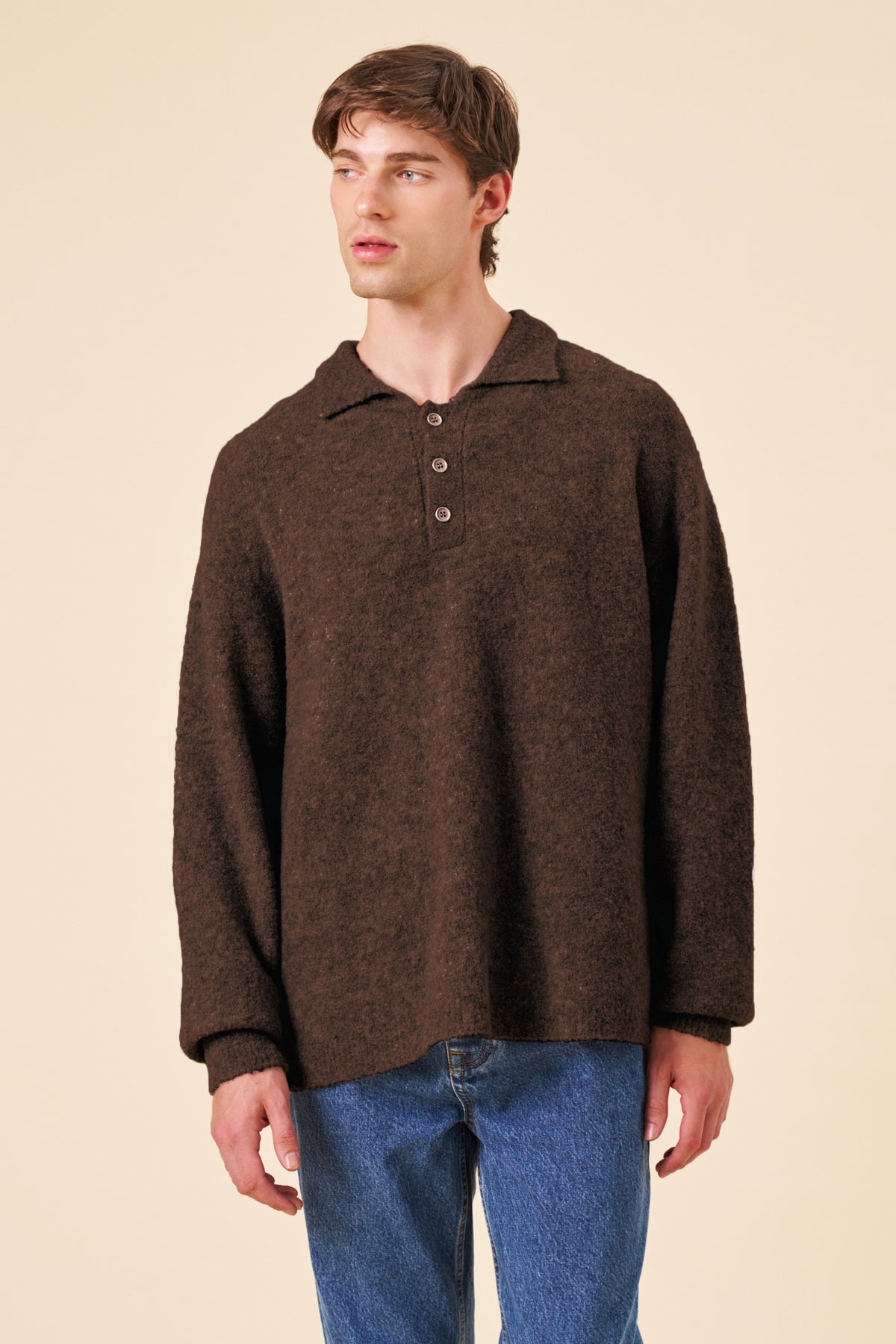 TEXTURED WOOL LONGSLEEVE KNIT POLO - WALNUT