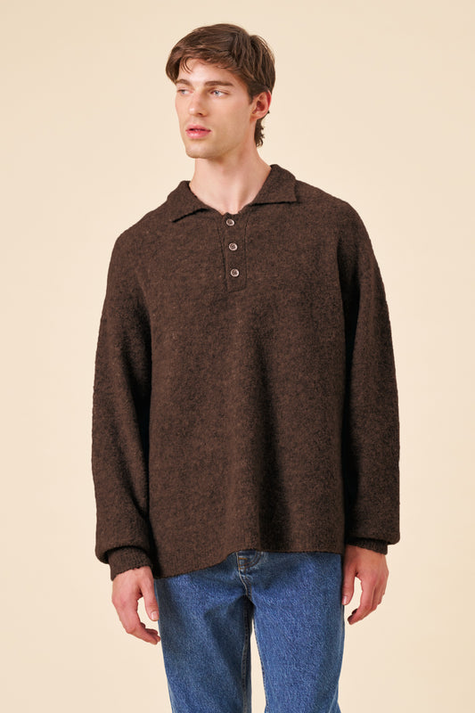 TEXTURED WOOL LONGSLEEVE KNIT POLO - WALNUT
