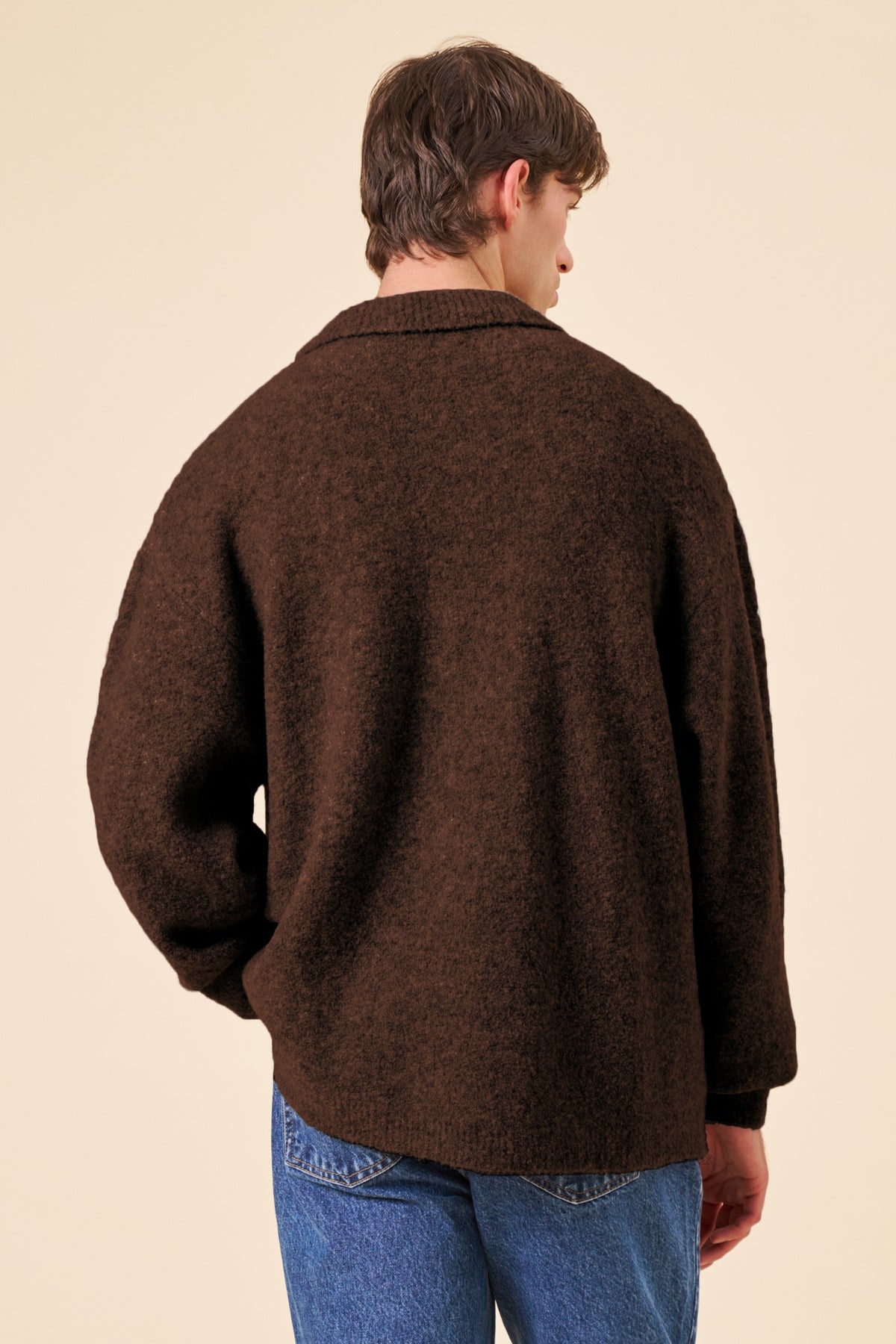 TEXTURED WOOL LONGSLEEVE KNIT POLO - WALNUT