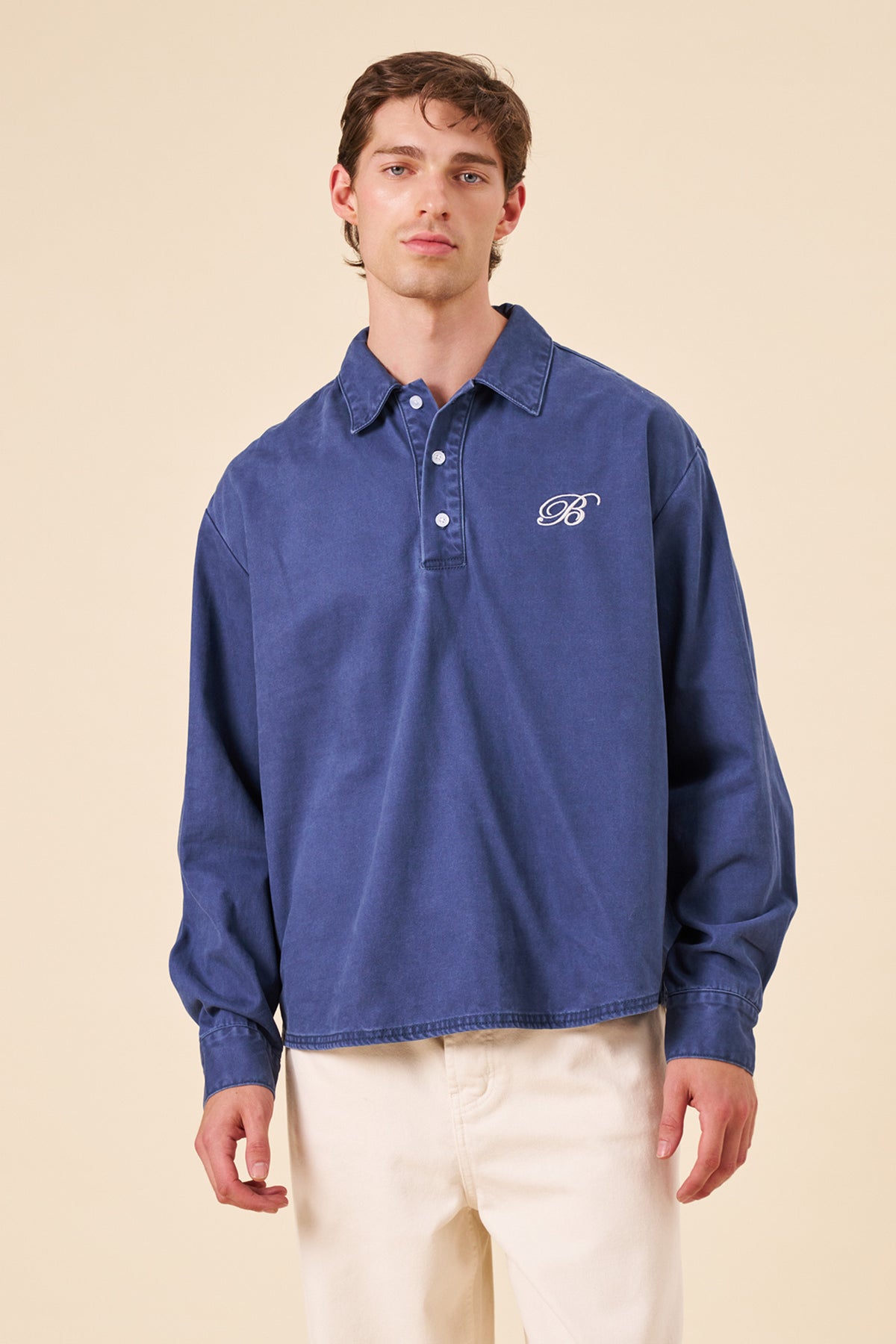 VINTAGE WASHED COTTON HALF BUTTON SHIRT - ROYAL BLUE
