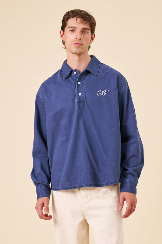 VINTAGE WASHED COTTON HALF BUTTON SHIRT - ROYAL BLUE