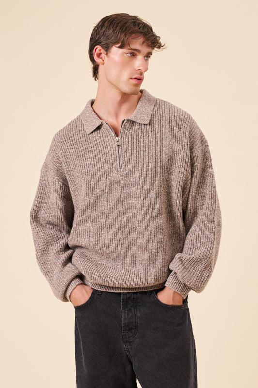 CHUNKY HALF ZIP TWIST KNIT - MUSHROOM