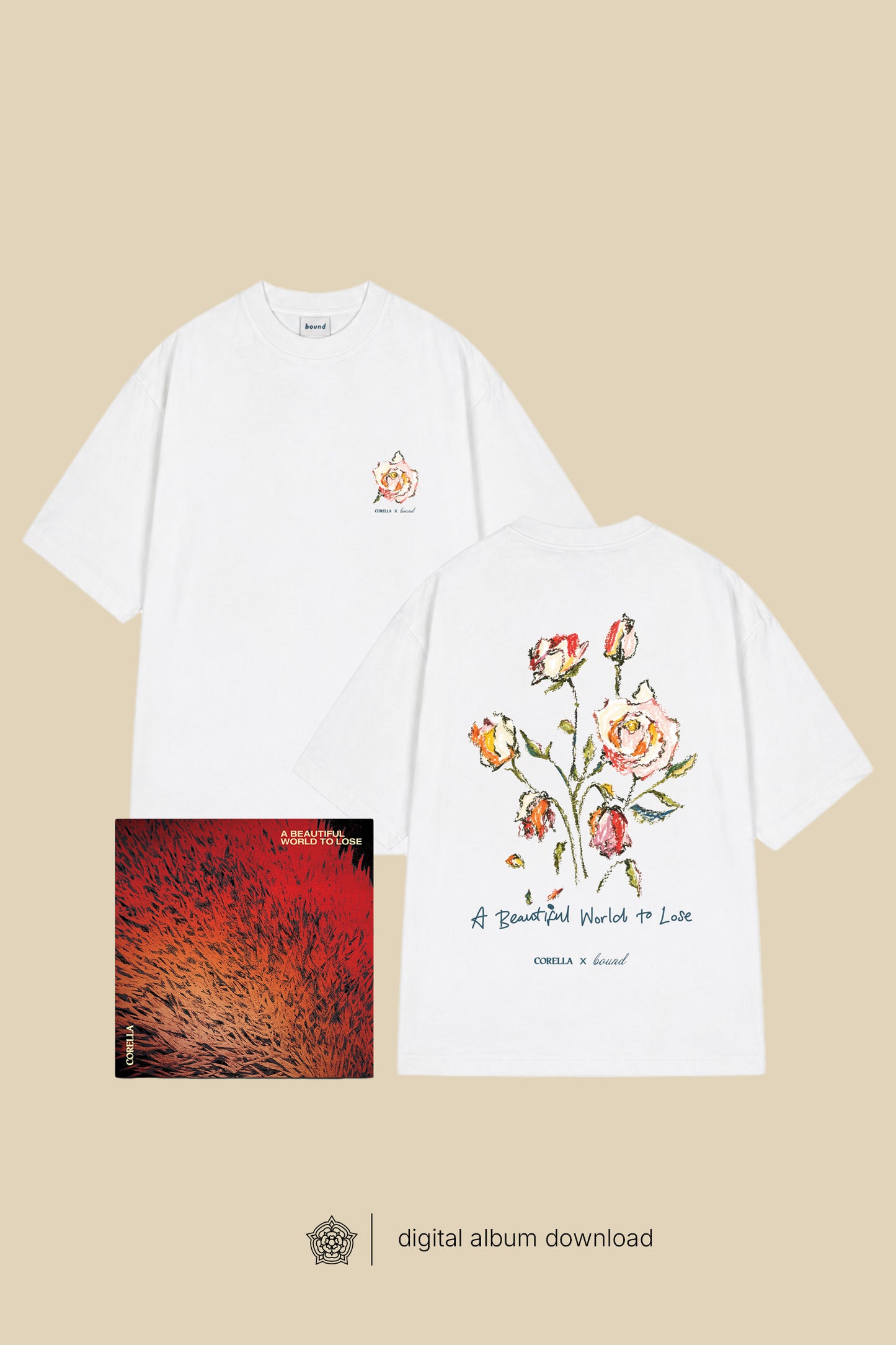 CORELLA X BOUND 'A BEAUTIFUL WORLD TO LOSE' OFF WHITE TEE + ALBUM PRE-ORDER