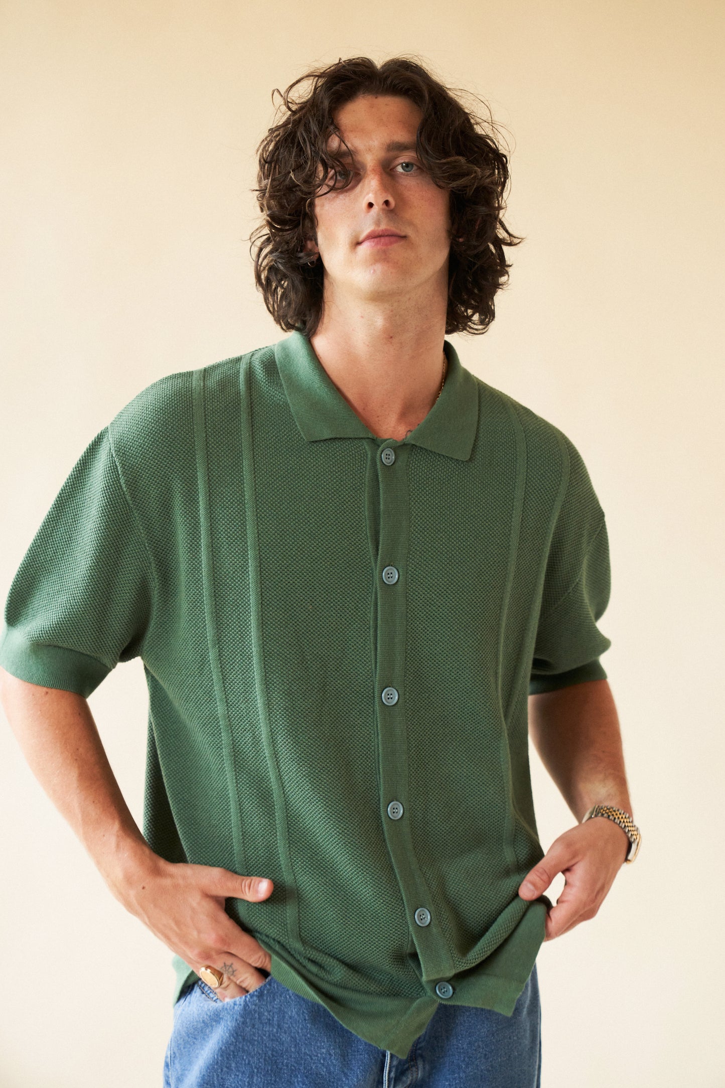 STANLEY WAFFLE KNIT POLO - HUNTER GREEN